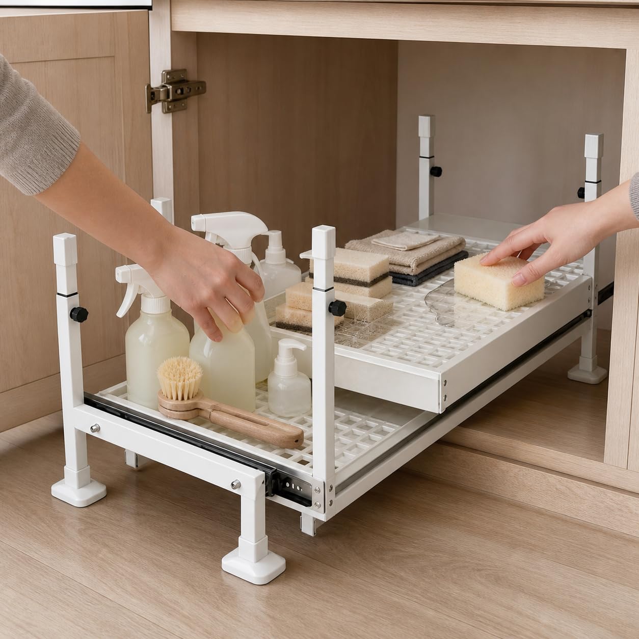 Schrank Organiz Küche Metall, Kohlenstoffstahl Matial, Küchenutensilien Halt, Organisation von Töpfen, Für kleine Küchen, Modern, schlicht, ausziehbar, einlagig, mit Abtropfschale, weiß