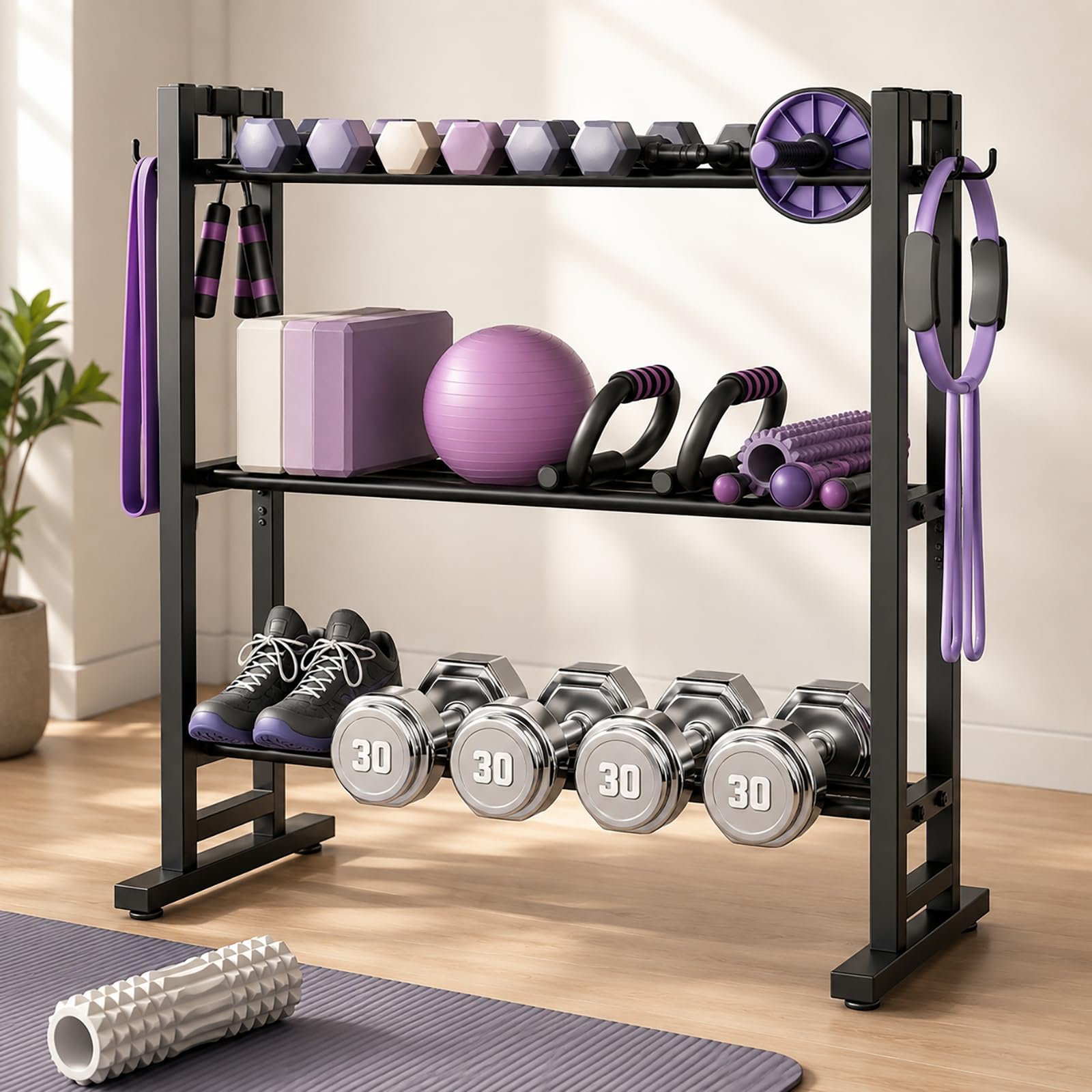 3-Stöckiger Hantelständer, 204kg / Verlängerter Sockel Hantelablage | Breite Verstellbarer, 6 * Seitlichen Haken, 82 × 42 × 80 cm, Kurzhantel Ständer Fitnessgeräte Aufbewahrung für Home Gym