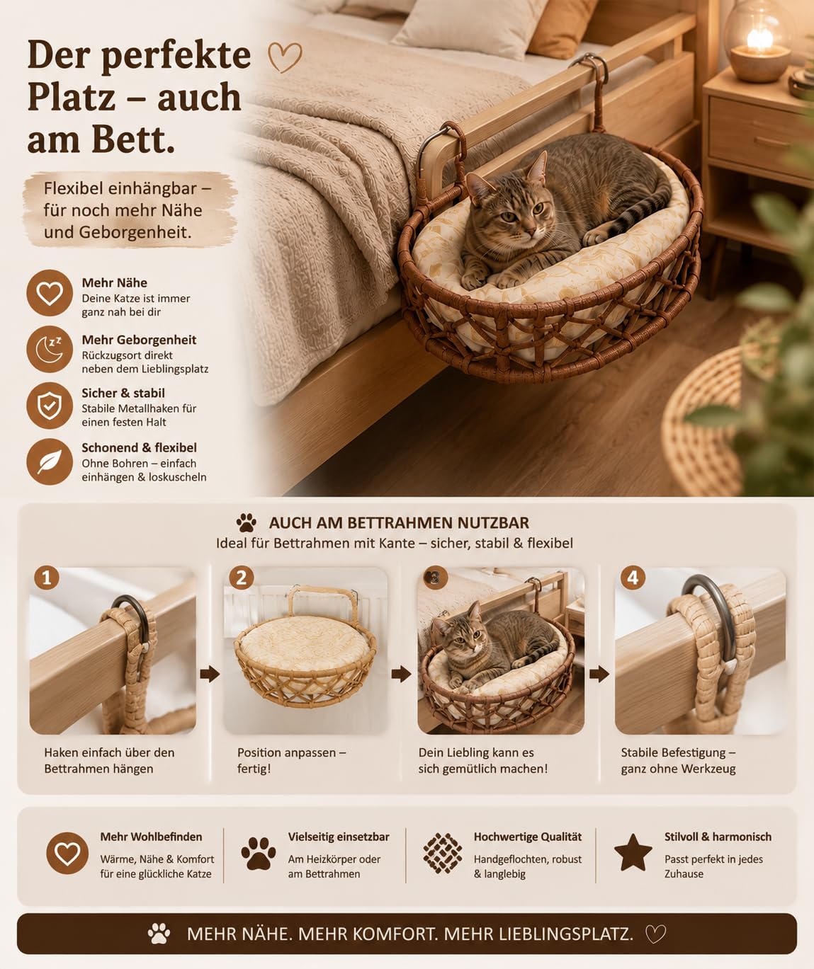 Generisch La Tahzen Heizkörperbett für Katzen, Bettkantenbett mit weicher Liegefläche, platzsparend, 43x43 cm, 3 Farben (Braun)