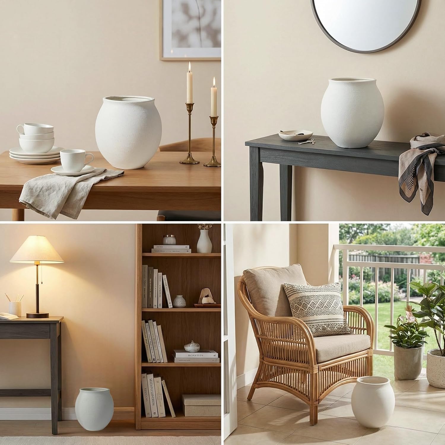 Round Wide Mouth White Ceramic Vase -9.7" Large Flower Pot with Drainage Hole for Indoor Plants, Gravel Textured Cream White Vase & Planter for Home Decor - Image 8