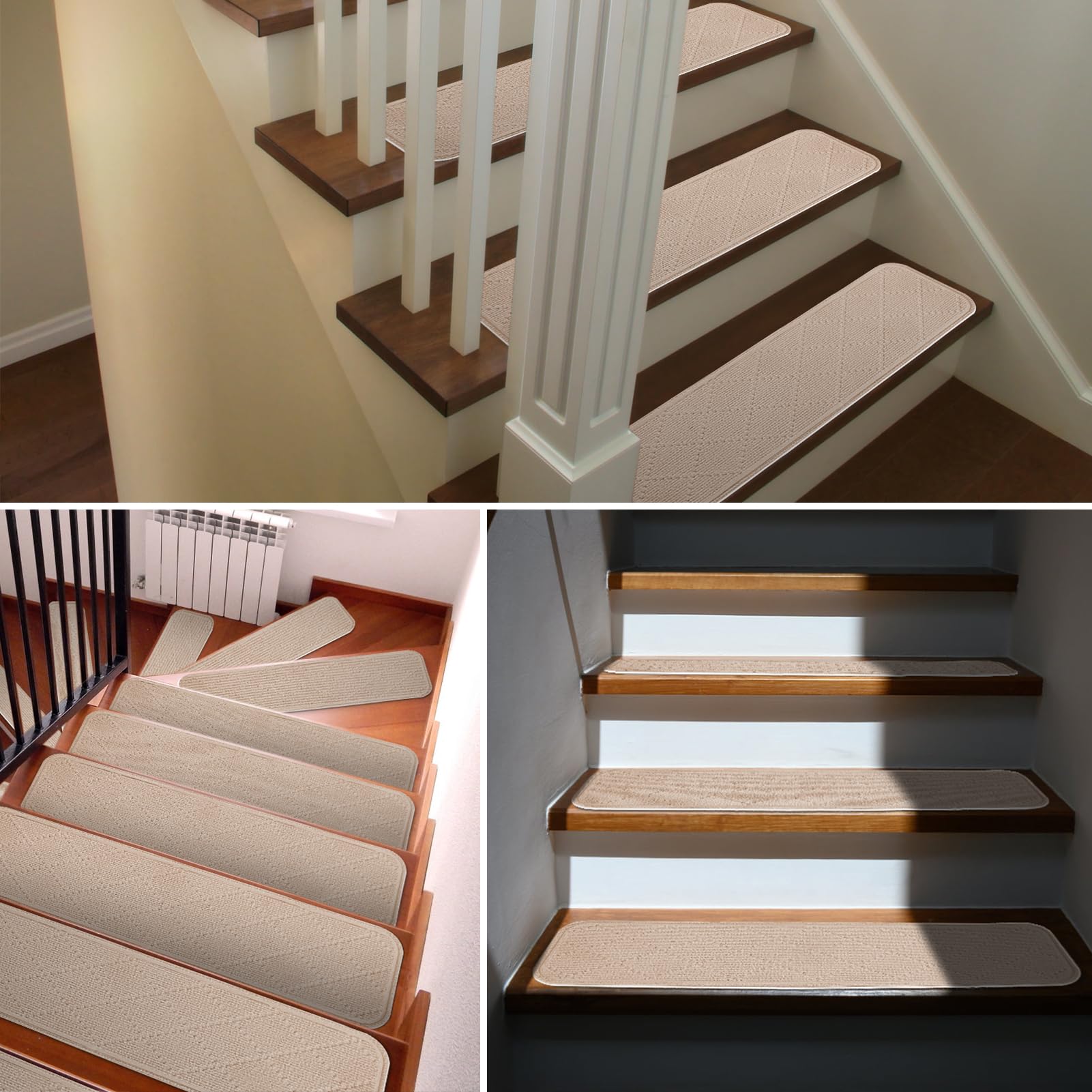 Alfombrillas para Escaleras Antideslizantes 76x20cm, 15 Alfombrillas Autoadhesivas Escalones Interiores, Recortables y Reutilizables - Protección para Mascotas, Mayores, Niños (Crema Beige)