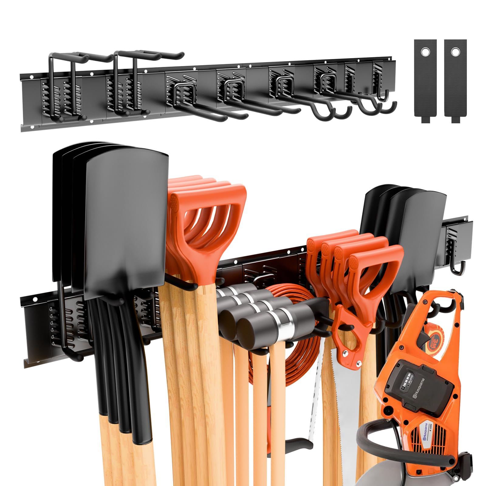 Porta Attrezzi da Giardino1 Regolabile 120 cm, Scaffalatura Multifunzione da Parete, Supporto a Parete per Attrezzi da Giardino - con 3 Binari e 8 Ganci per Garage, Giardino, Cantina, Cortile (Nero)