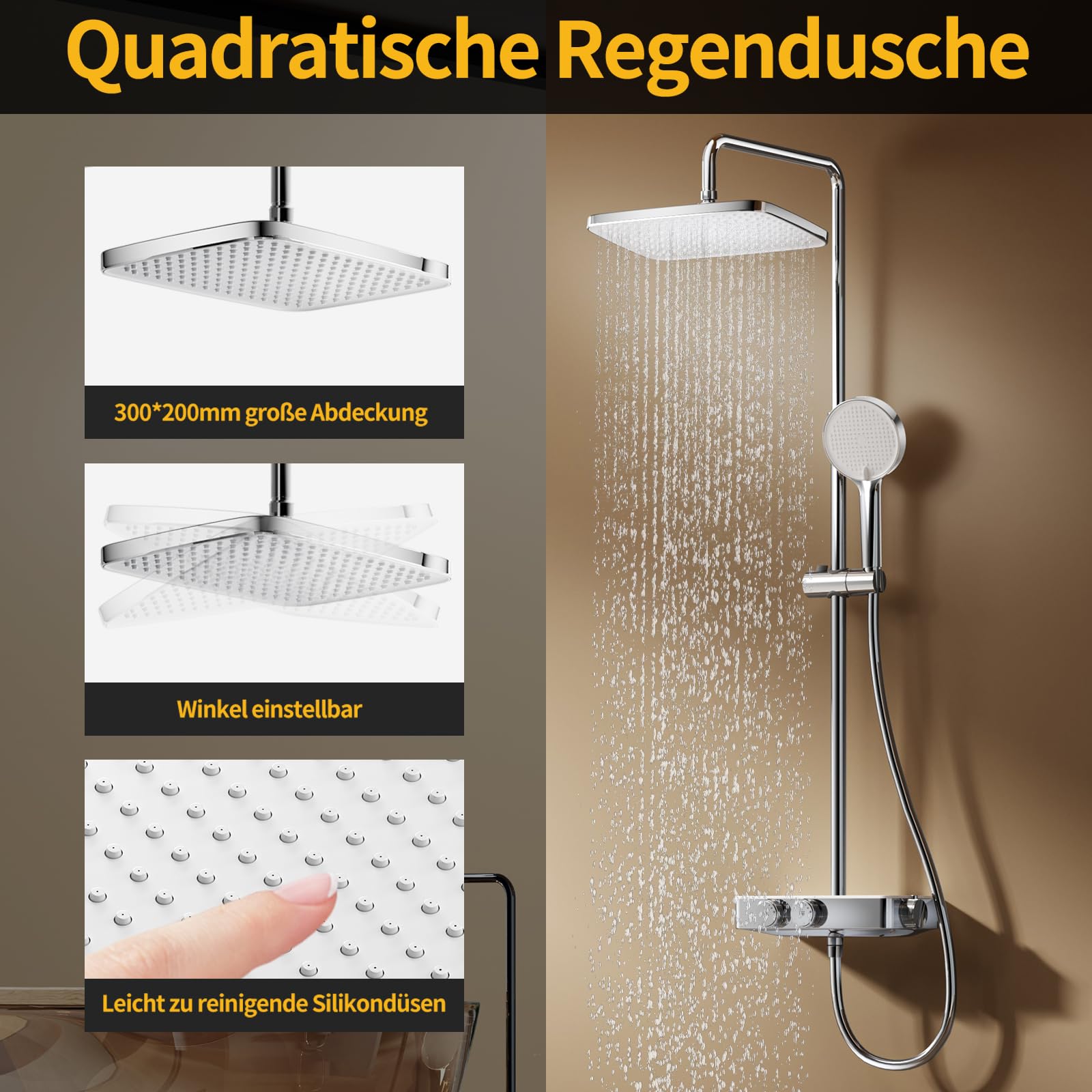HANLIAN Duschsystem mit Thermostat, Duscharmatur Komplettset mit Sicherheitsverriegelung, Regendusche mit Armatur, Duschamaturenset Regendusche mit Anhebbarer Brausestange (Stil L38, Chrom)
