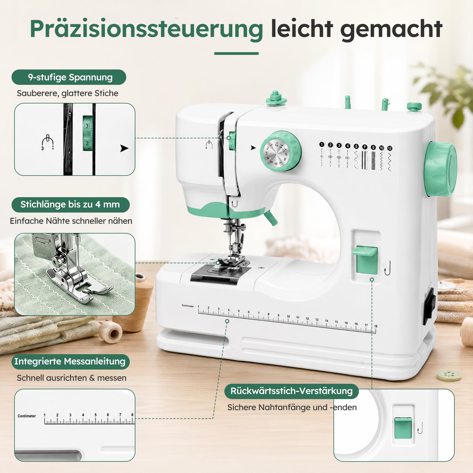Mini Nähmaschine für Anfänger, Tragbare Elektrische Nähmaschine mit 12 Nähprogrammen, Automatisches Einfädeln, Doppelnadel, LED-Licht, Fußpedal, 58-teiliges Zubehör, Ideal für Kinder & Reparaturen