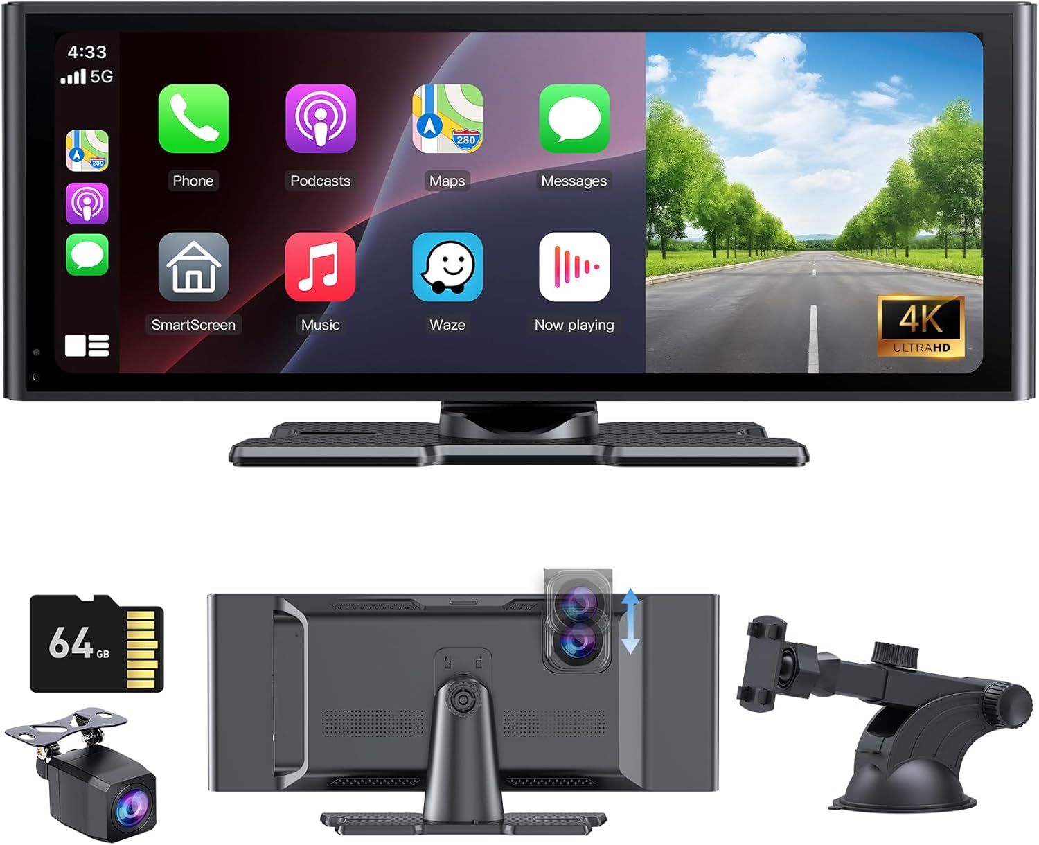 Product image of Carplay Screen for Car 10.26" HD IPS Wireless Compatible with Apple Carplay & Android Auto,Touch Car Play Screen with SuperLink,4K Dash Cam,1080p Backup Camera,Loop Recording,Bluetooth Audio,GPS,Siri