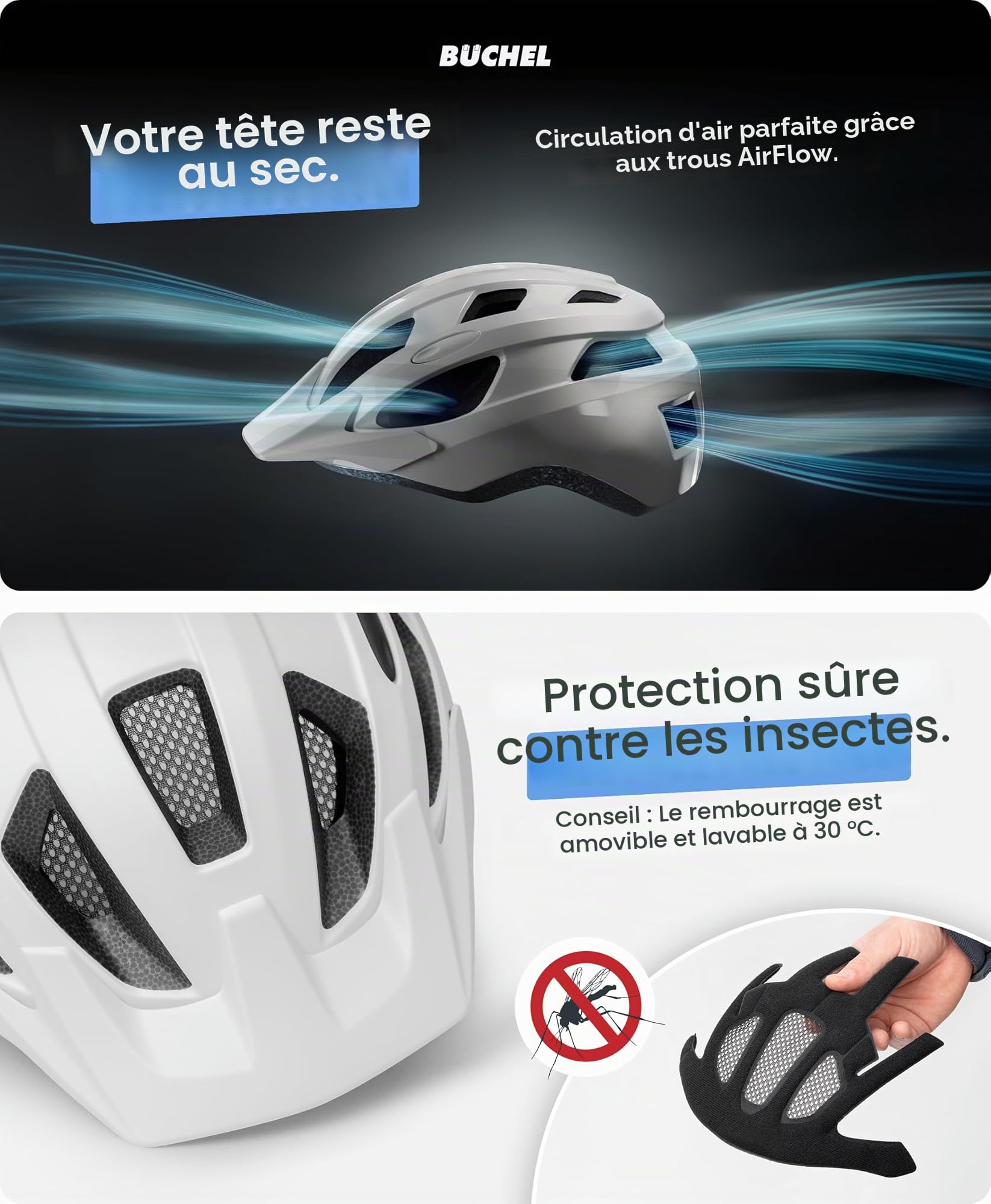 BÜCHEL Casque Velo Homme, Femme, Enfants - Casque Velo avec Technologie in-Mould & Cam Lock - Rembourrage au Menton et Filet Anti-Mouches Lavable - Casque VTT 52 à 57 cm et 58 à 61 cm