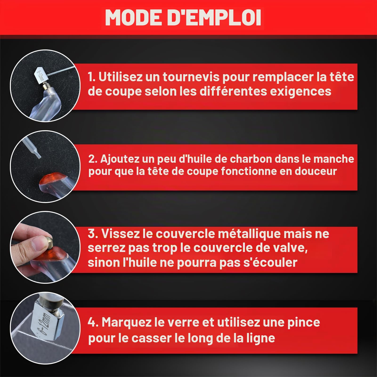 LEONTOOL Kit de 9 pièces d'outils de coupe de verre à usage intensif avec pinces à briser et à courir et ciseaux à verre avec molette de coupe de rechange, stylet de gravure, kit de découpe de