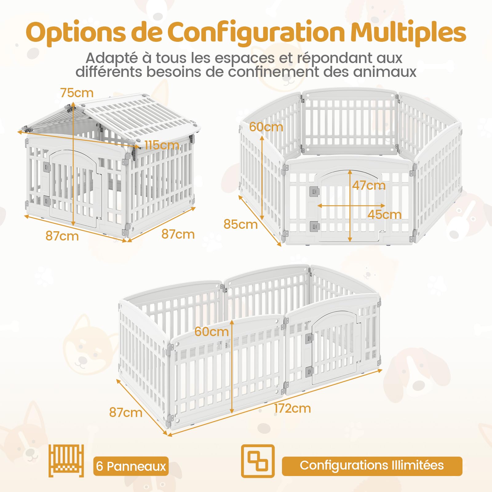 COSTWAY Parc pour Chien Exterieur Interieur à 6 Panneaux en HDPE, Barriere de Securite Chien Pliable, pour Taille Moyens & Petits, Porte Verrouillage, Ventouses & Piquets De Sol, Niche pour Chiot