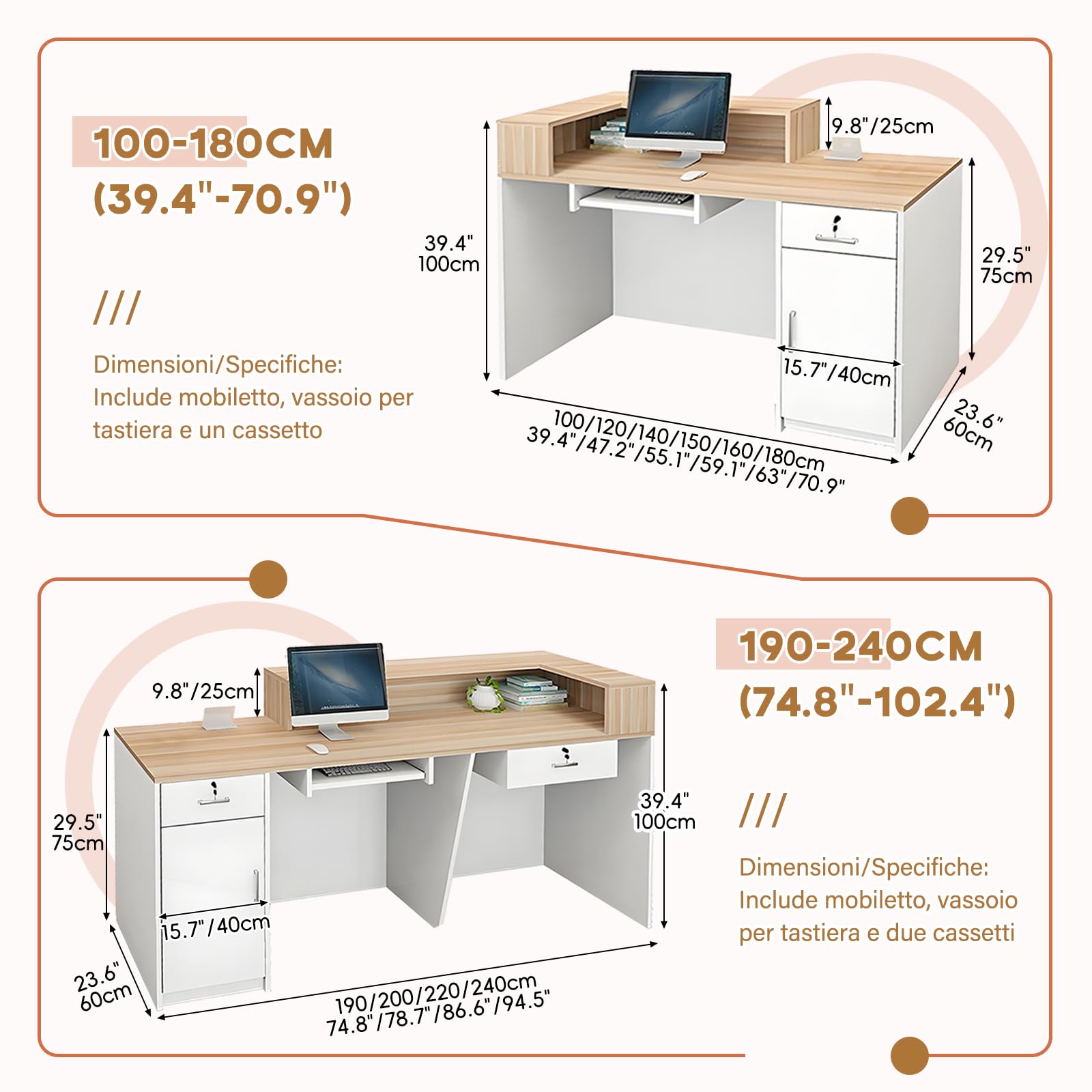 Bancone Reception con Cassetto e Ripiani Aperti, 100–240 cm Banco Reception Moderno per Uffici, adatto per Saloni, Hall e Negozi al Dettaglio