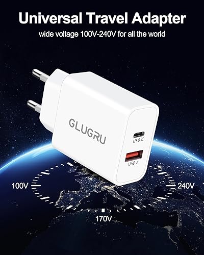 Miniatura 6 de Adaptador de enchufe de viaje europeo, paquete de 2 cargadores de pared USB C de doble puerto de 20 W, bloque de carga rápida, adaptador de