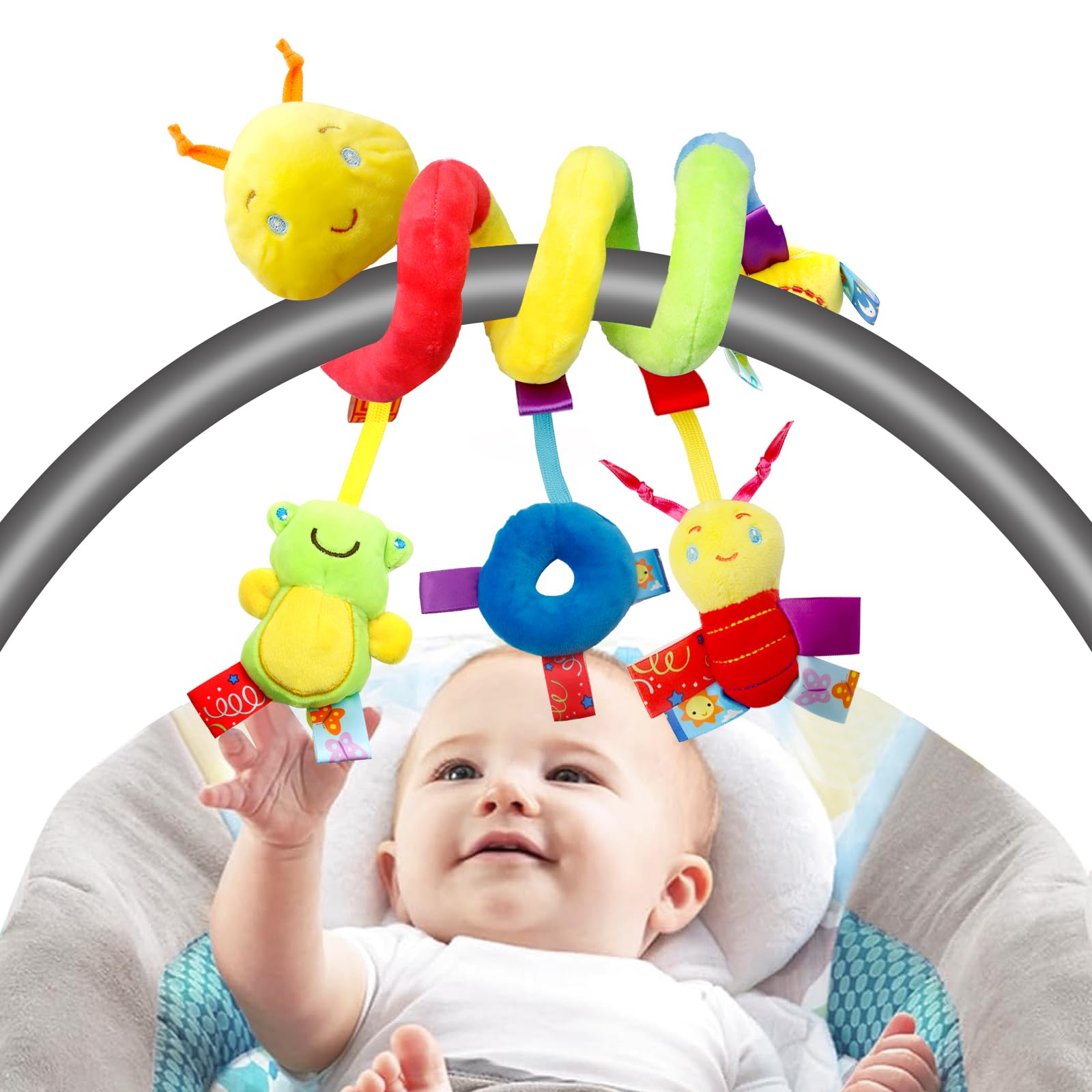 Spiral Toys for Pram,Spiral Pram Toys for Babies-Wrap Around Pushchair Stroller Bassinet Mobile Toy with BB Squeaker,Safety Newborn Toys Bee Frog Hanging Baby Car Seat Toys Baby Pram Toys 0-6 Months