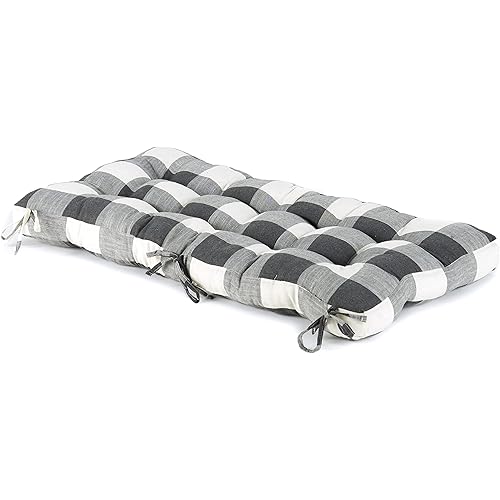 The Lakeside Collection Plaid Buffalo Check Tufted Bench Cushion for Kitchen, Bedroom & Patio - Vintage Farmhouse, Grey