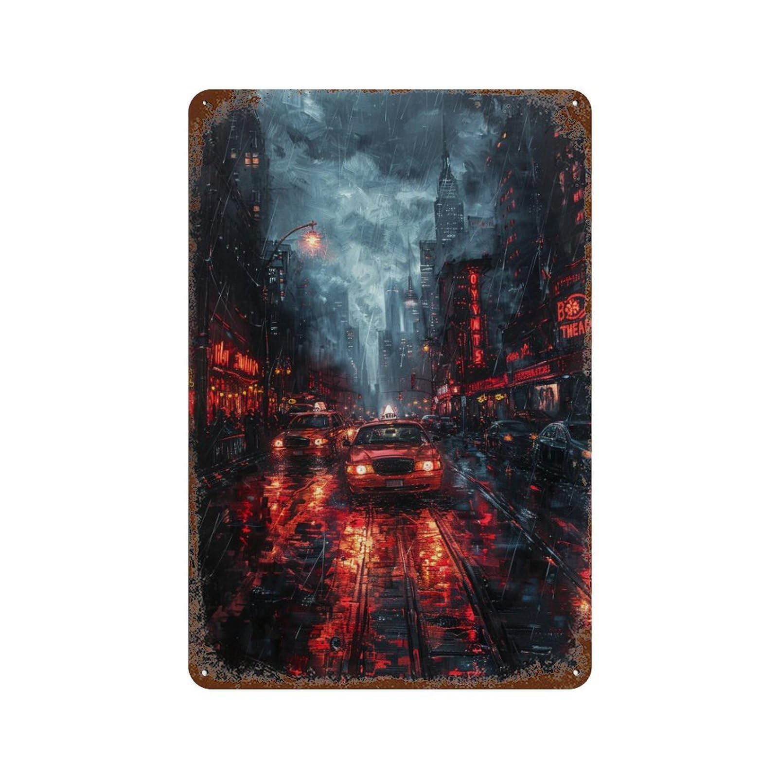 Weathered Tin Sign Rainy City Night Scene 11.8"x7.9", Novelty Wall Decor for Basement, Hobby Room And Garage Decor