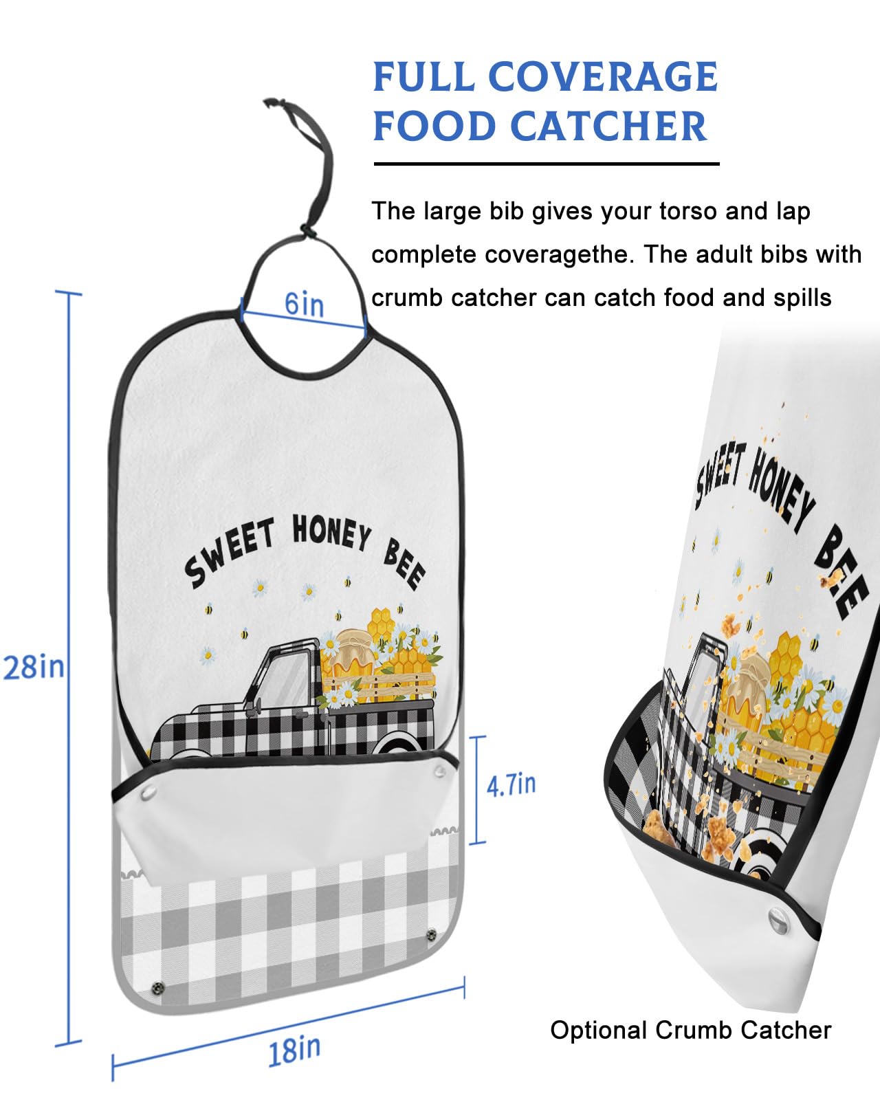 Summer Sweet Honey Bee Adult Bibs for Eating, Waterproof Bibs with Food Catcher & Adjustable Snap Closure, Black White Plaid Truck Washable Clothing Protectors Adult Bibs for Elderly Women/Men