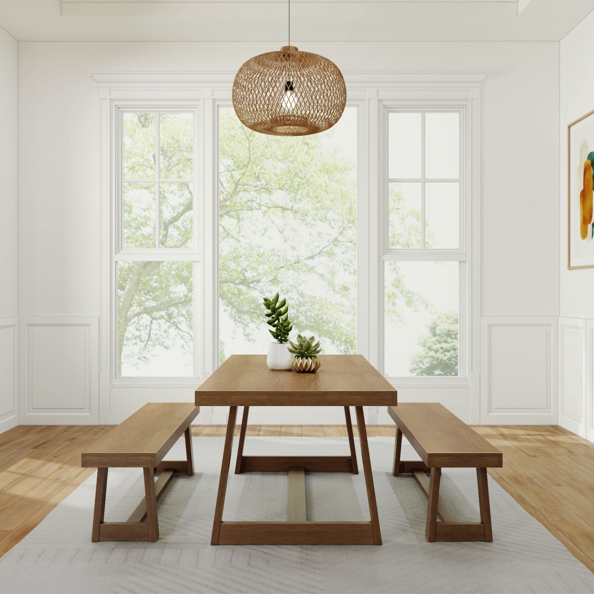 Plank+Beam Classic Dining Table Set with 2 Benches, Pecan Wirebrush | Non-Toxic Finishes, Versatile Design, Elegant Details, Easy Assembly, Quick Setup, Solid Wood