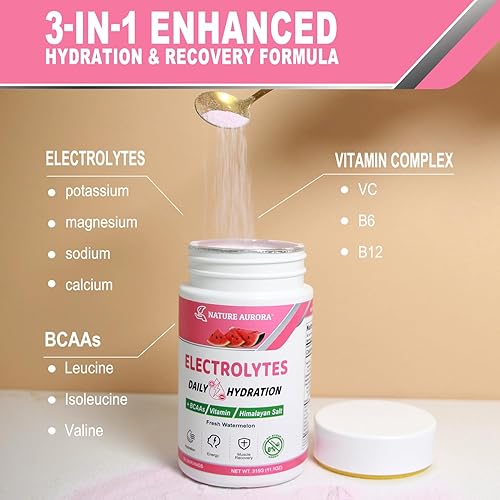 Miniatura 5 de Electrolitos en polvo sin azúcar, polvo de electrolito de sandía fresca, polvo de hidratación, mejorado con sal del Himalaya, BCAA y vitaminas B,