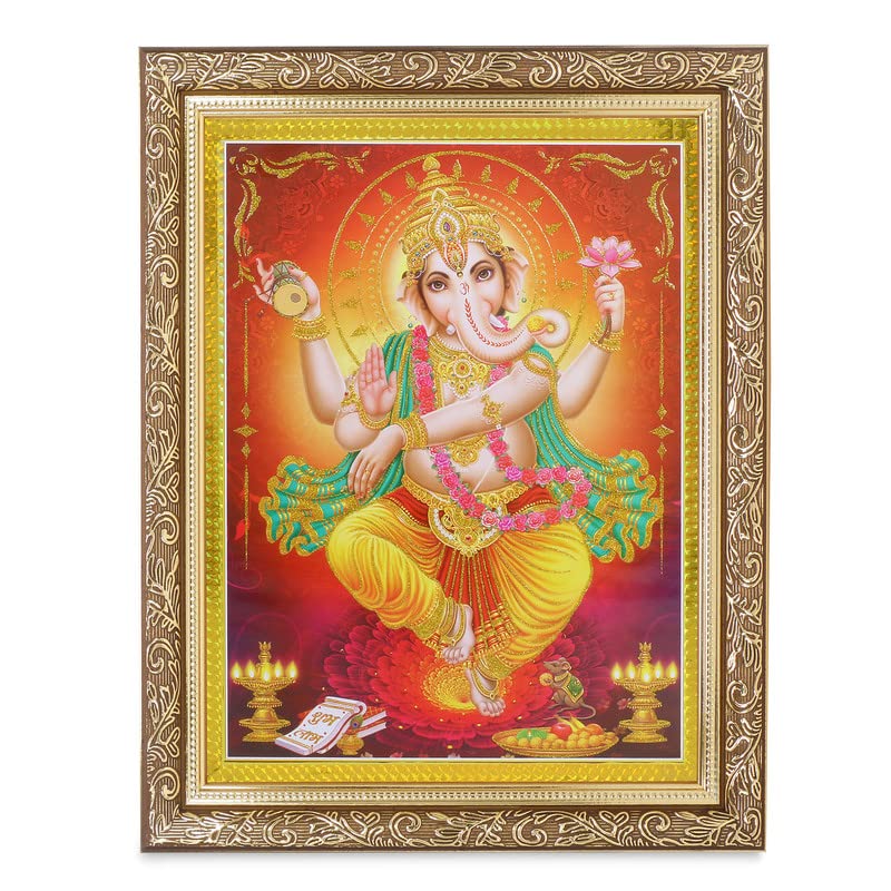 Photo d'art Ganeshji en zari avec cadre doré grand format 35x45 cm