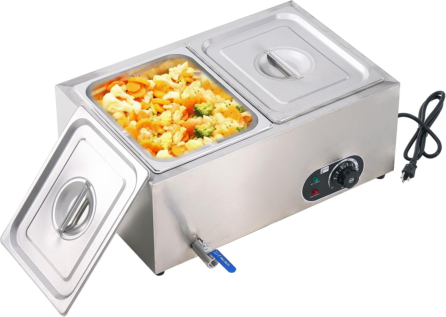 2-Pan Commercial Food Warmer Buffet 1200W Electric Steam Table Stainless Steel Food Warmer Bain Marie 23Qt for Parties Catering and Restaurants 2-Pan 23Qt
