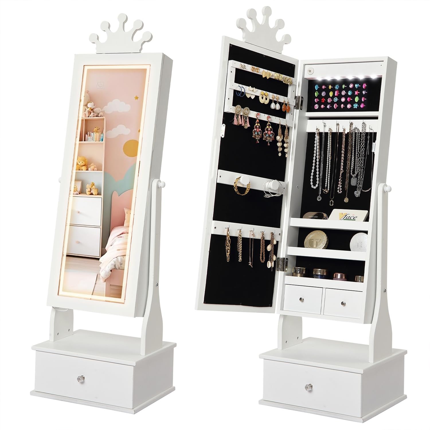 GarveeHome Kids Jewelry Armoire,Child Jewelry Cabinet with Light,Freestanding Jewelry Organizer with Full Length Mirror,3 Storage Drawer,Kids Vanity