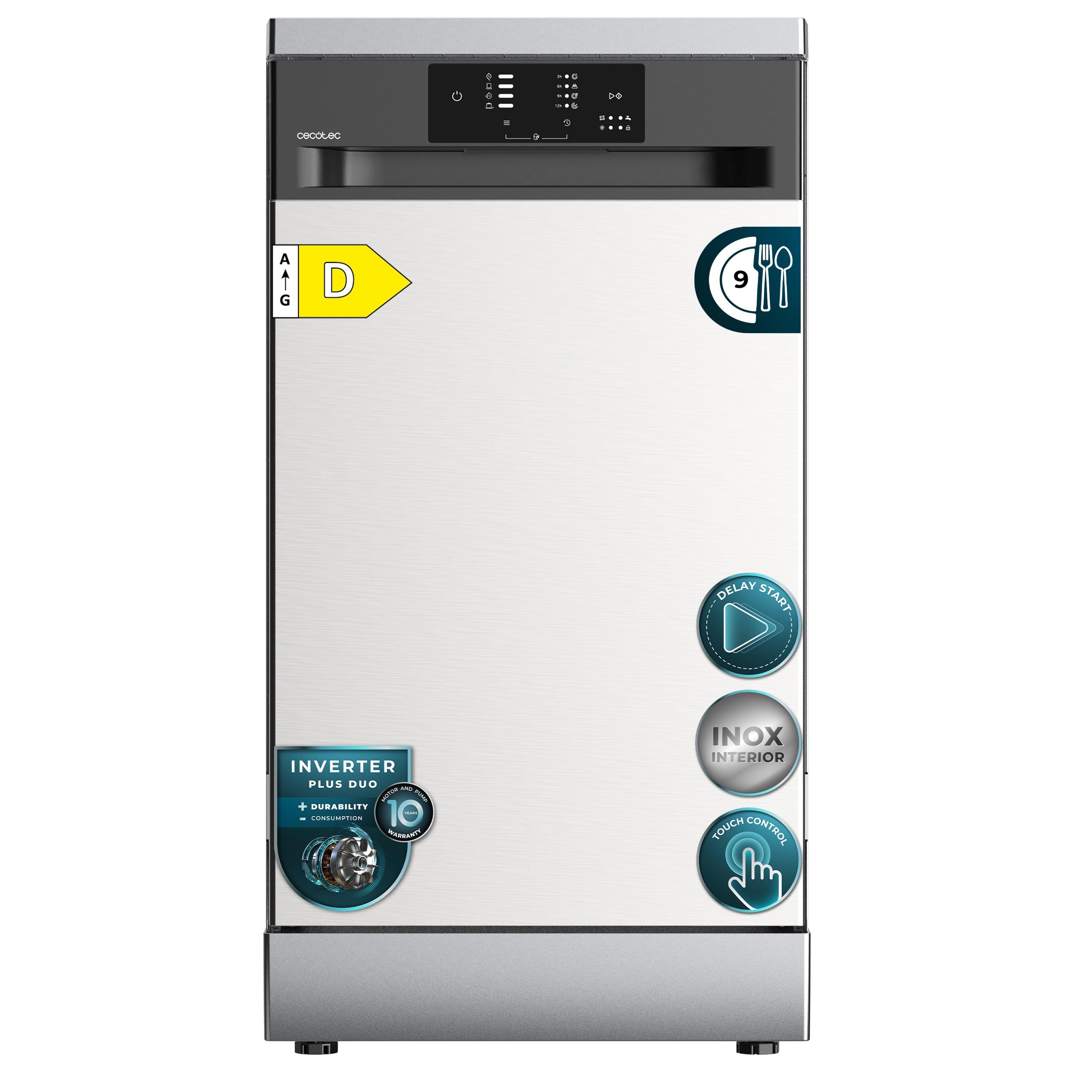Cecotec Lavavajillas 45 cm Libre Instalación Bolero Aguazero 4350 Inox. 9 Cubiertos, 4 Programas, Motor Inverter Plus Duo, Panel Touch, Autoclean, Delay Start, Cesta para Cubiertos, Inox