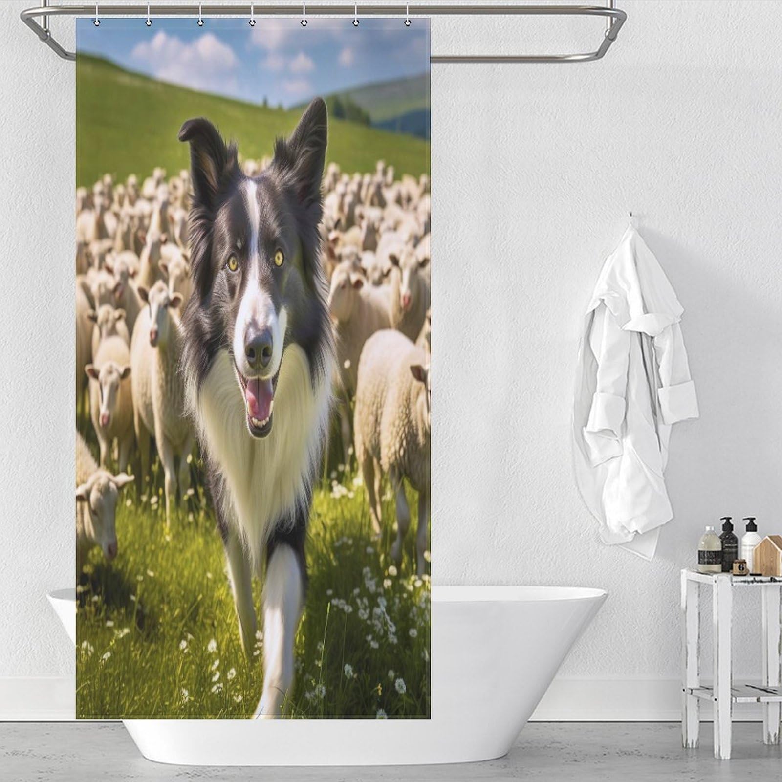 Rideau de douche chien en tissu polyester lavable imperméable pour baignoire 92x183cm