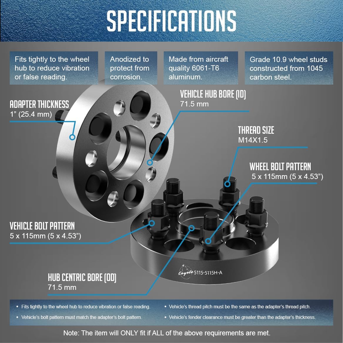 Wheel Accessories Parts 2 Pcs Hub Centric Wheel Spacers Adapters 5 on 115mm 5x115mm 1.00 Inch Thick 71.5mm Hub M14x1.5 14x1.5 Thread Stud Fits Chrysler 300 ｜ Dodge Challenger Charger Magnum