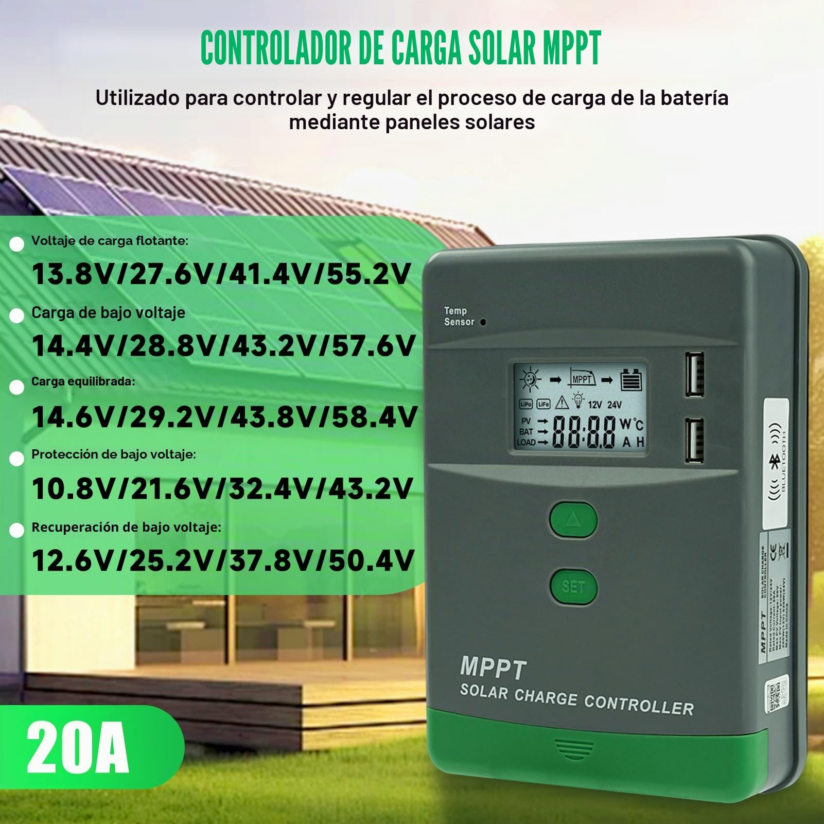 Controlador de carga solar 12V 20A Bluetooth mppt regulador solar Doble USB Identificación automática 12V/24V Tensión máxima de circuito abierto 60V Pantalla LCD MRL20