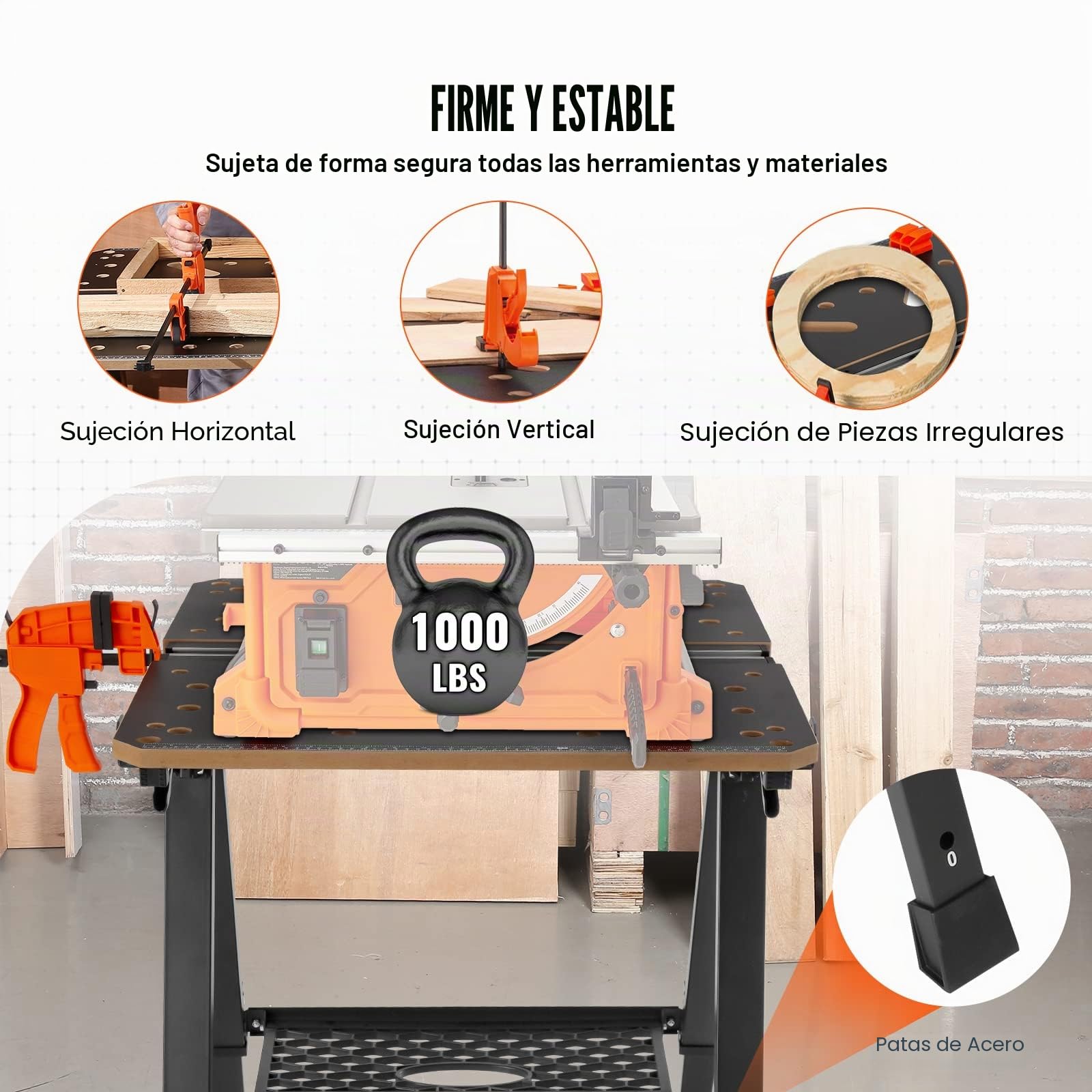 VEVOR Mesa de Trabajo Plegable 2 en 1 Apto como Soporte de Sierra Carga 454 kg Alturas Ajustables Patas de Acero Soporte de Herramientas Abrazadera Rápida 4 Abrazaderas 2 Ganchos para Taller de Garaje
