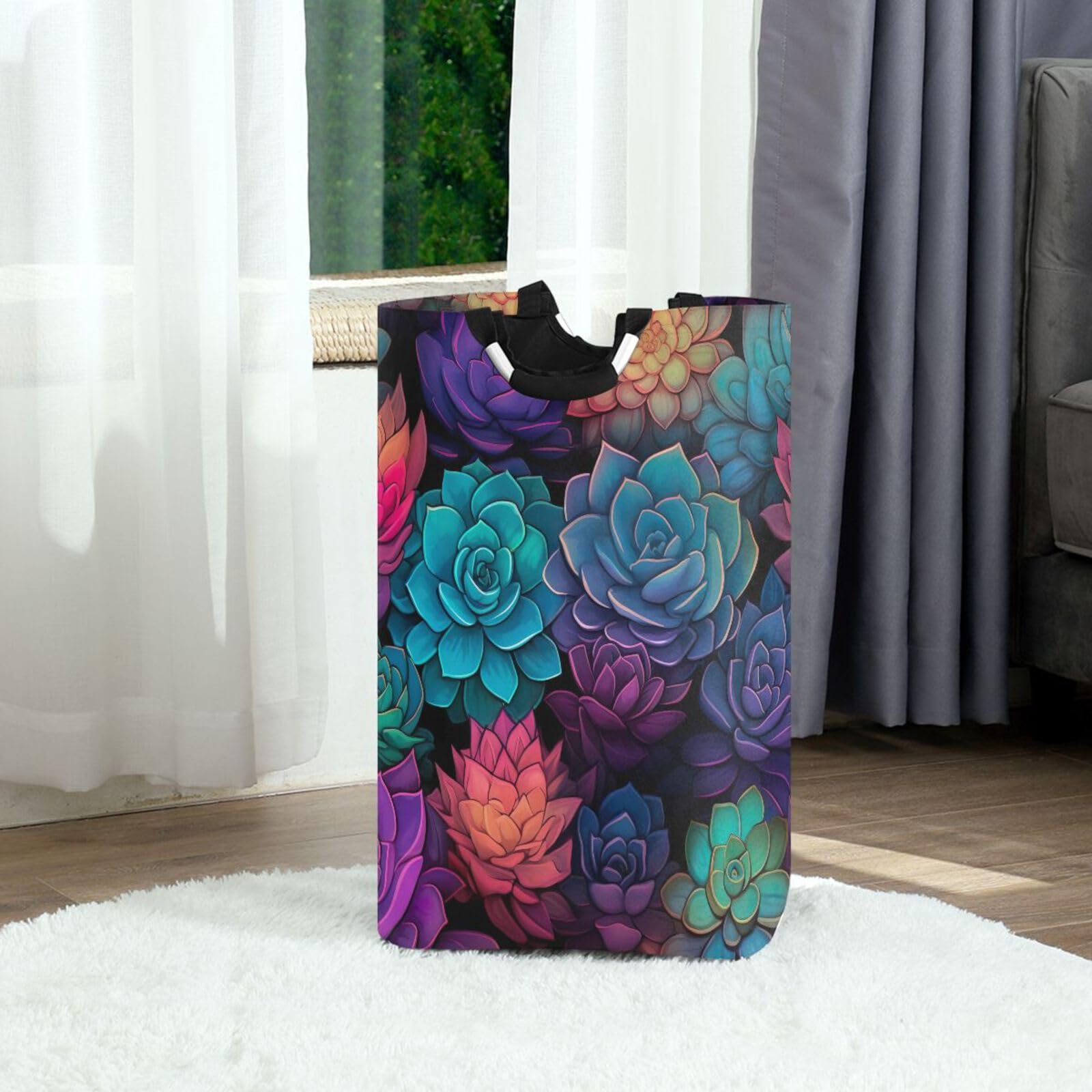 Jihqo Laundry Hamper Basket Colorful Succulents Collapsible Nursery Storage Bin Waterproof Clothing Baskets for Home Bedroom Bathroom Washing Room