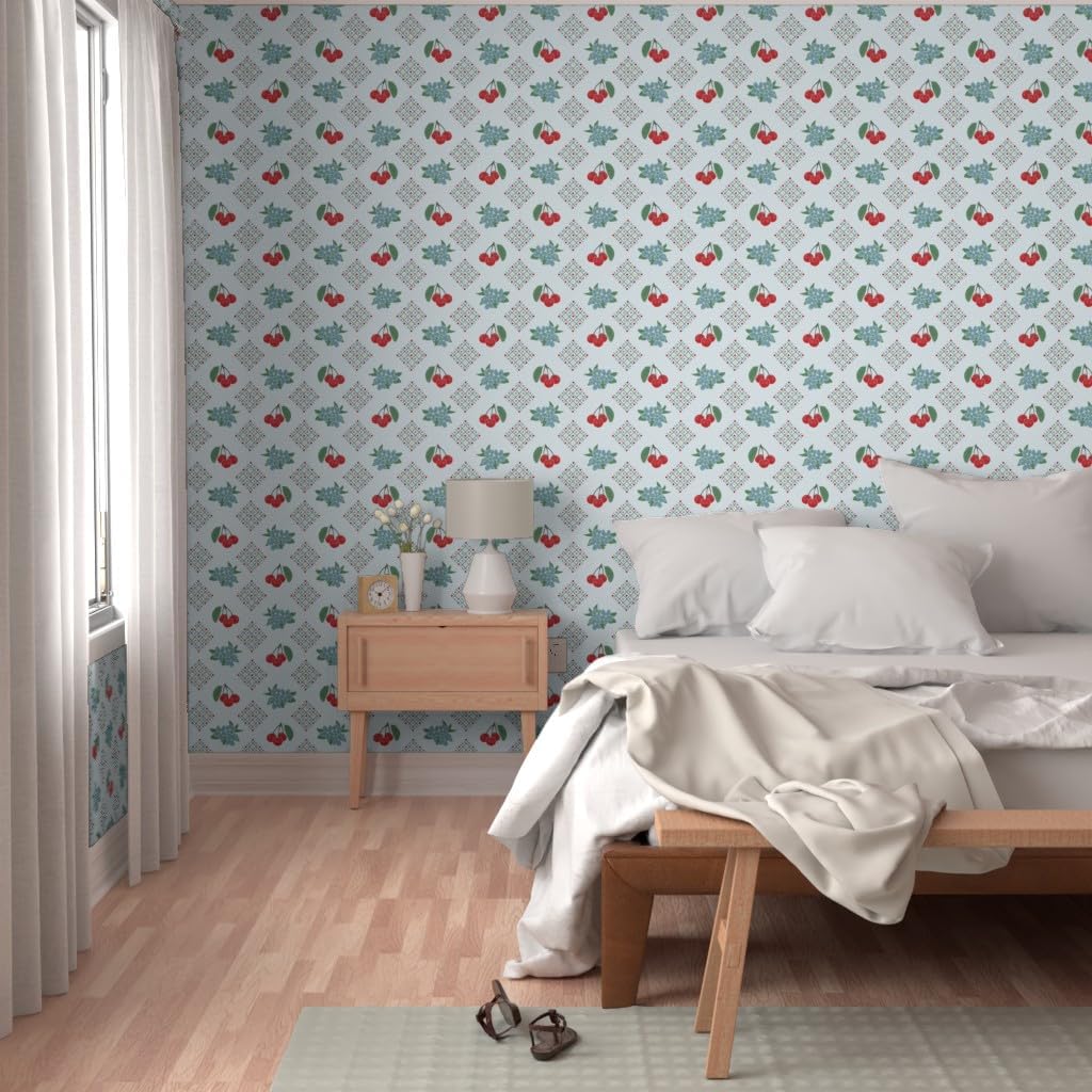 Peel & Stick Wallpaper 9ft x 2ft - Style Kitchen Cherry Blue Large Print 1940S Light Red Custom Removable Wallpaper by Spoonflower
