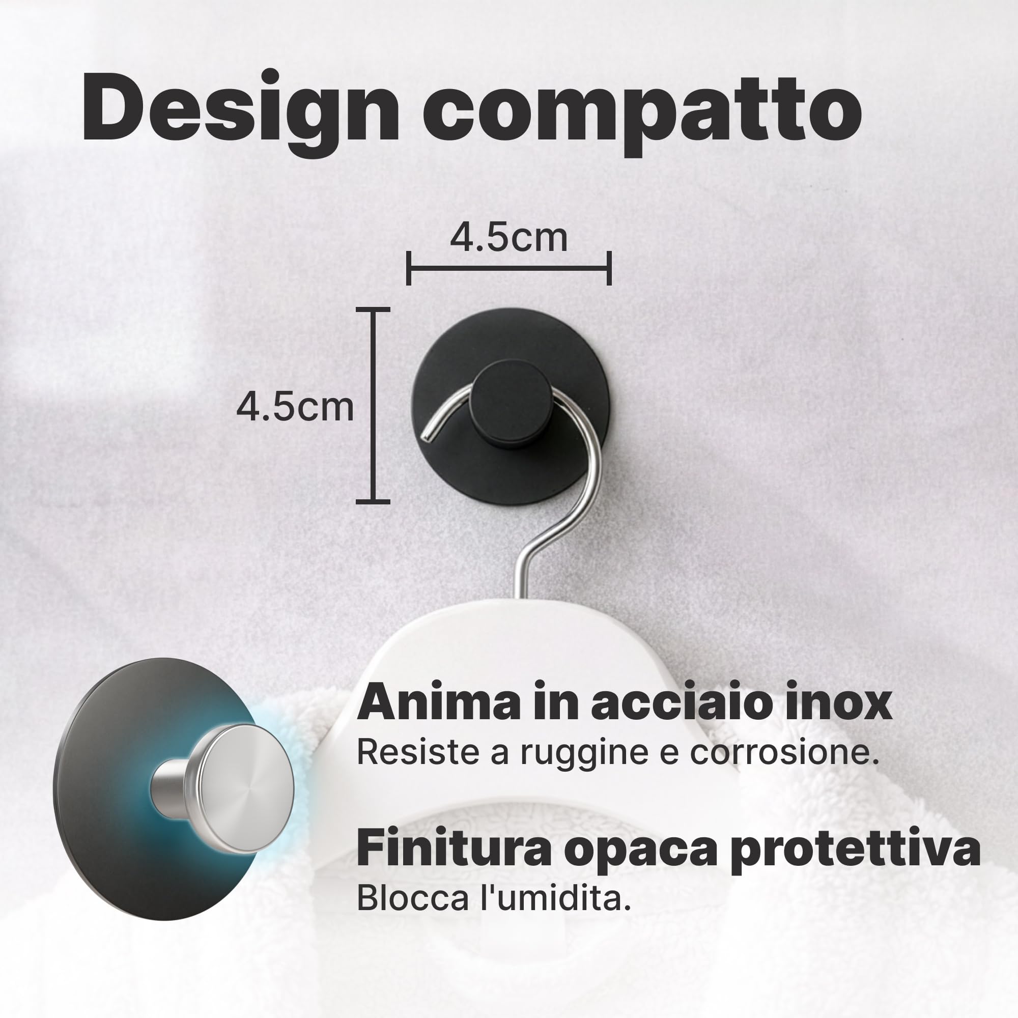 Minismus Set 6 Ganci Adesivi, Appendino da Muro in Acciaio Inox, Ganci Bagno senza Fori 5 kg, Appendiabiti da Parete con Pomello Rotondo