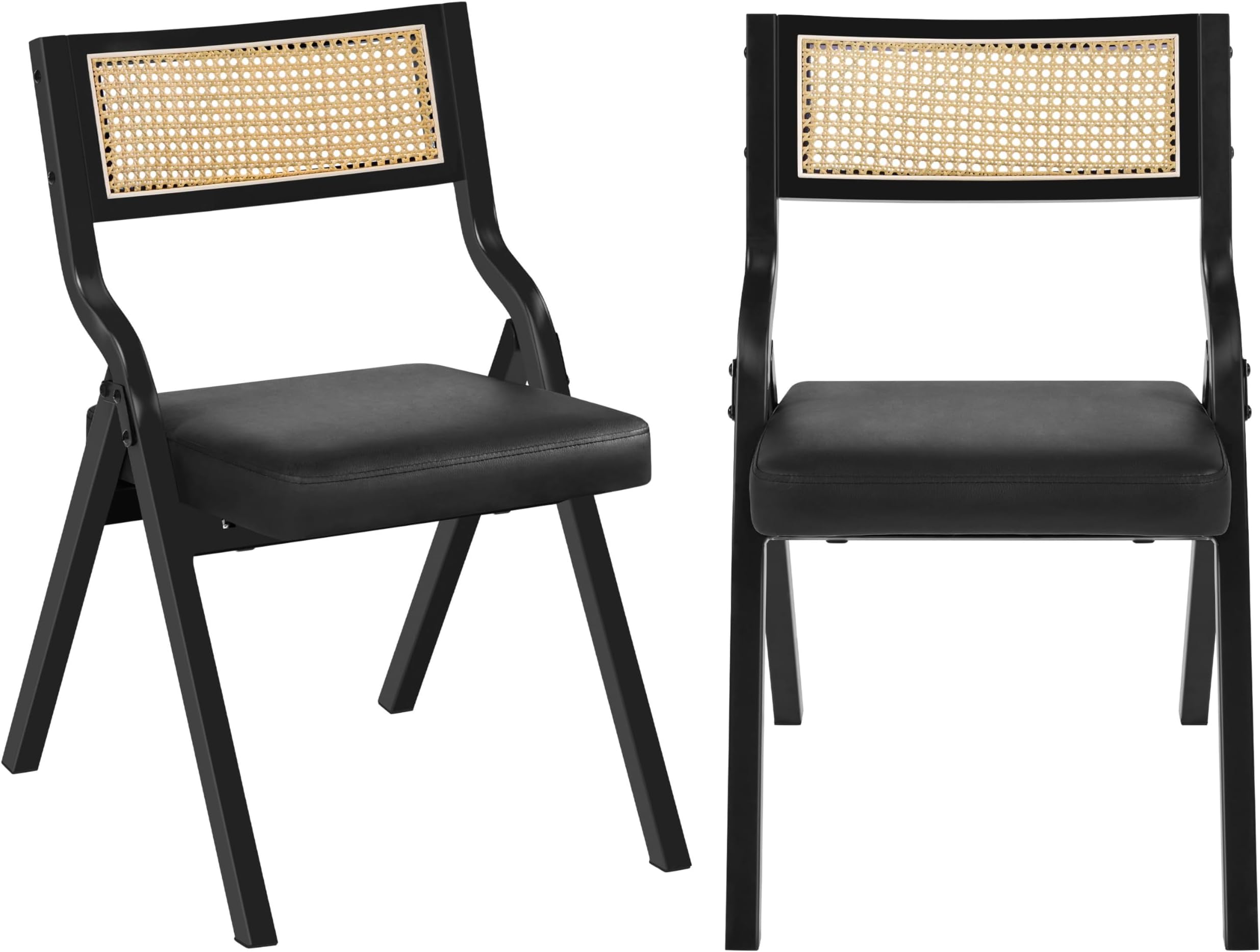 Yaheetech Folding Dining Chairs Folding Chairs Padded Dining Chairs Faux Leather Accent Chairs with Rattan Back Metal Frame Leather Seat Set of 2,Black