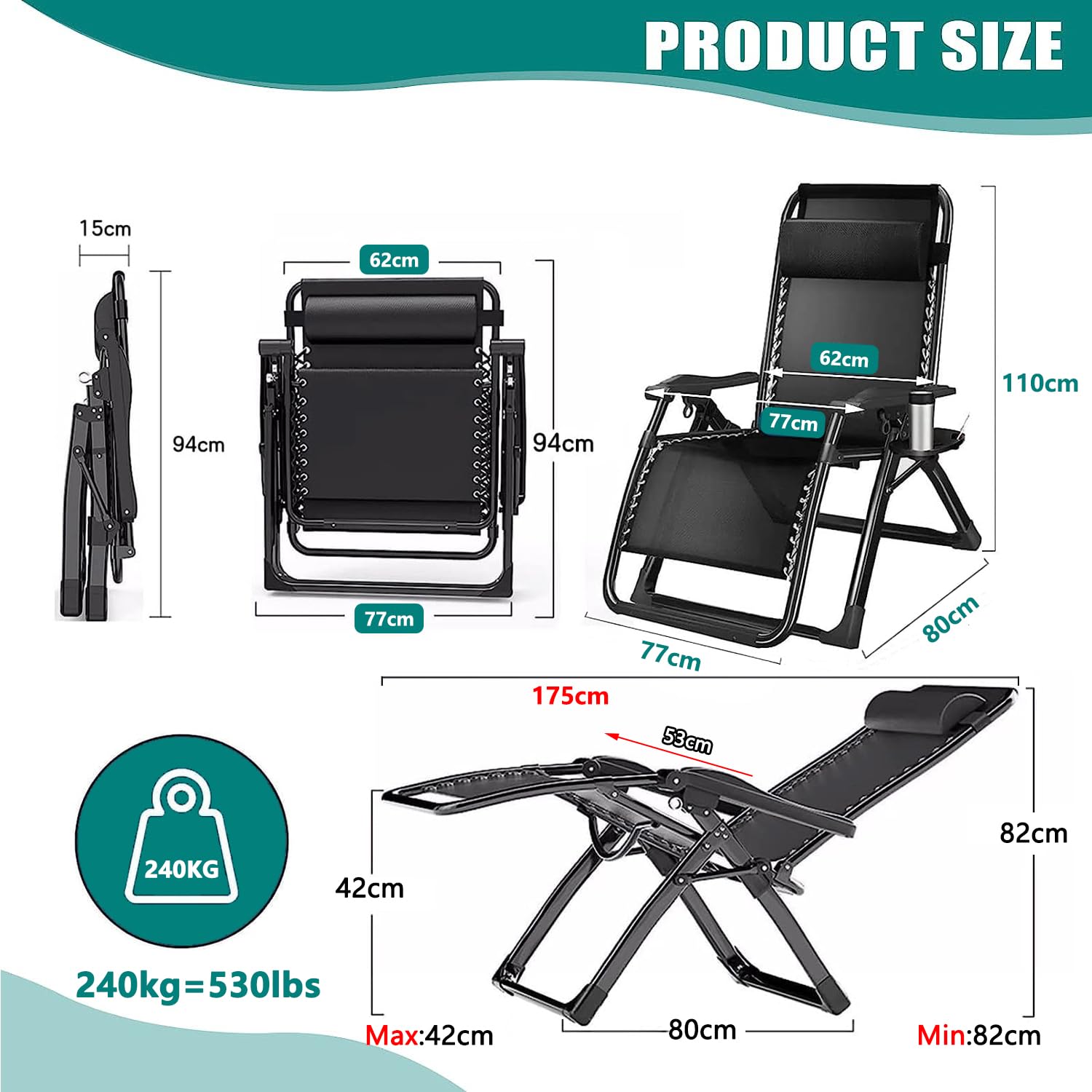 Chaise Longue Pliante 77cm, Chaise Longue Jardin Exterieur, Fauteuil Relax Jardin, Transat Jardin Exterieur, pour Patio, Jardin, Plage, Piscine, avec Coussin 240 kg (Noire)