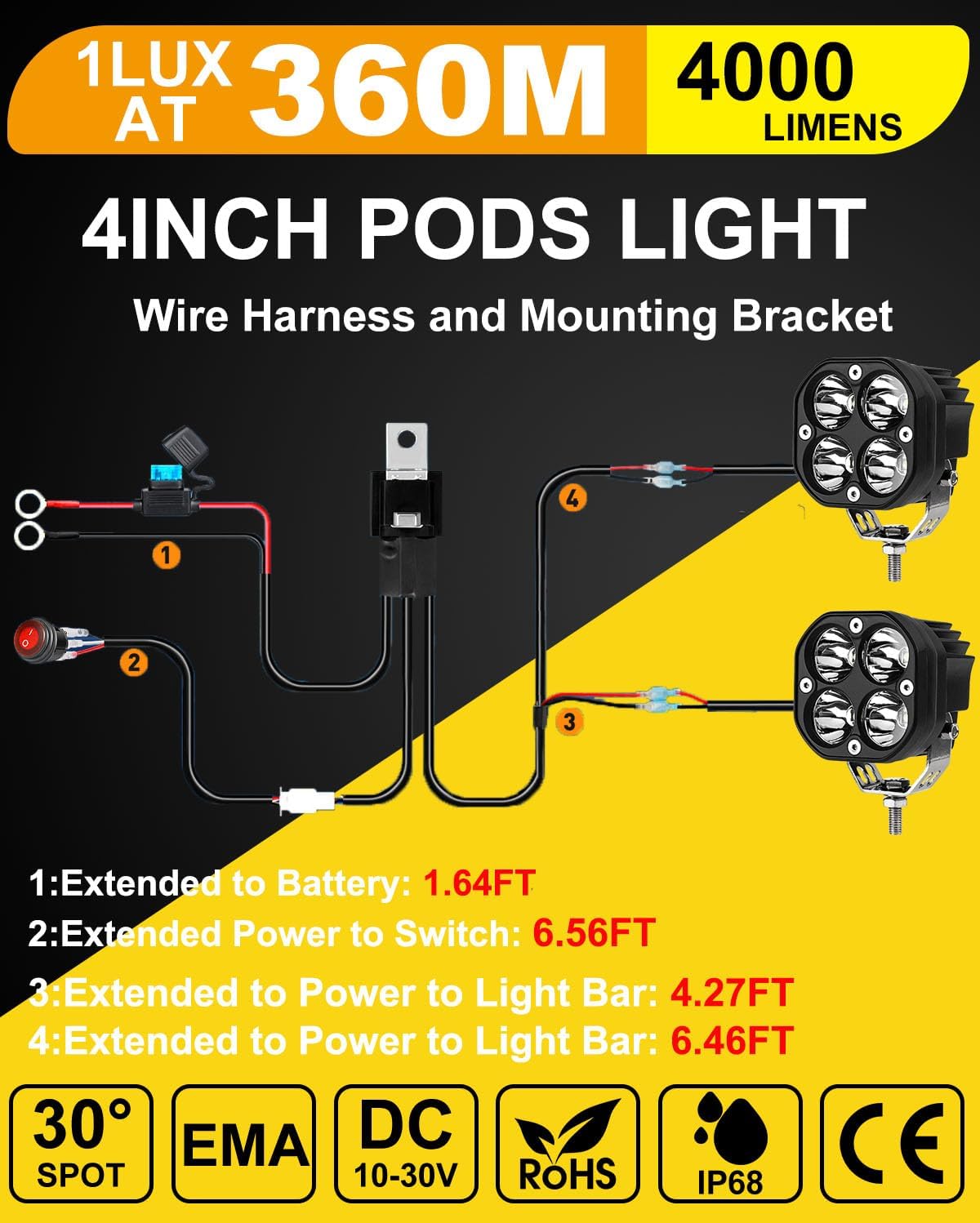 POD Lights & Ditch Lights System: 3-4 Inch LED Off Road Lights with Plug & Play Wiring Harness, Waterproof High Lumen Spot/Fog Beam for Truck, Jeep, ATV, Motorcycle | Driving & Fog Light Kit