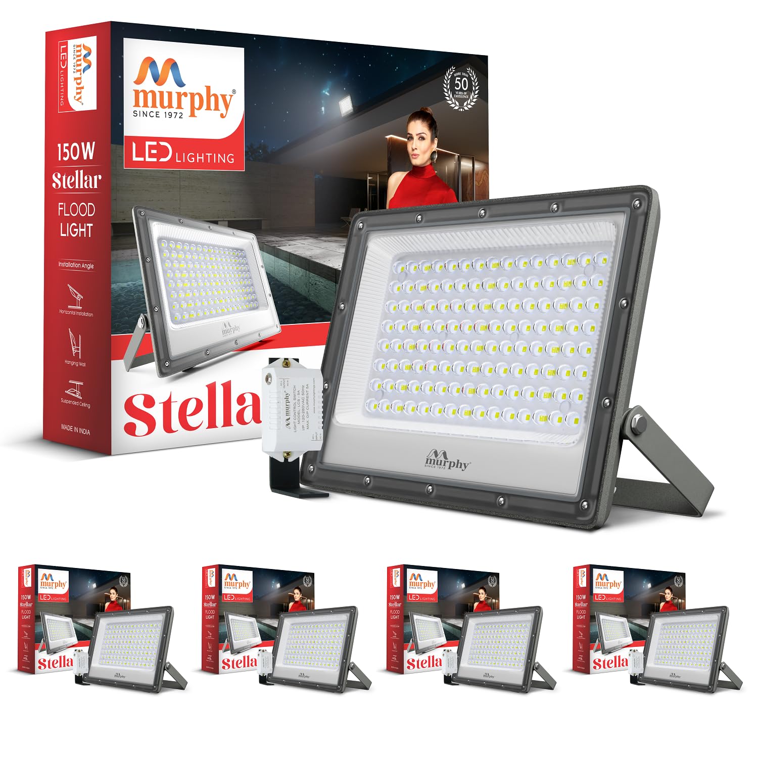 Murphy Stellar 150W LED Flood Light with Day-Night Sensor & Driver, Cool White 6500K, IP66 Waterproof, Outdoor Security & Landscape Lighting, BIS Approved, 2-Year Warranty – Pack of 5