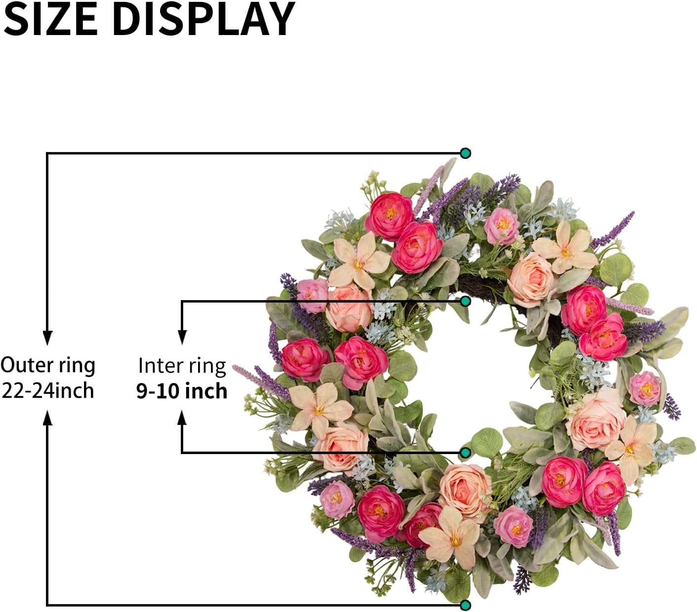 24 Inch Spring Wreath for Front Door, Magenta Pink Rose Floral Wreath with Lavender, Eucalyptus, Lamb's Ear and Blue Wildflowers, Silk Summer Wreath for Home Porch Wall Window Seasonal Decor