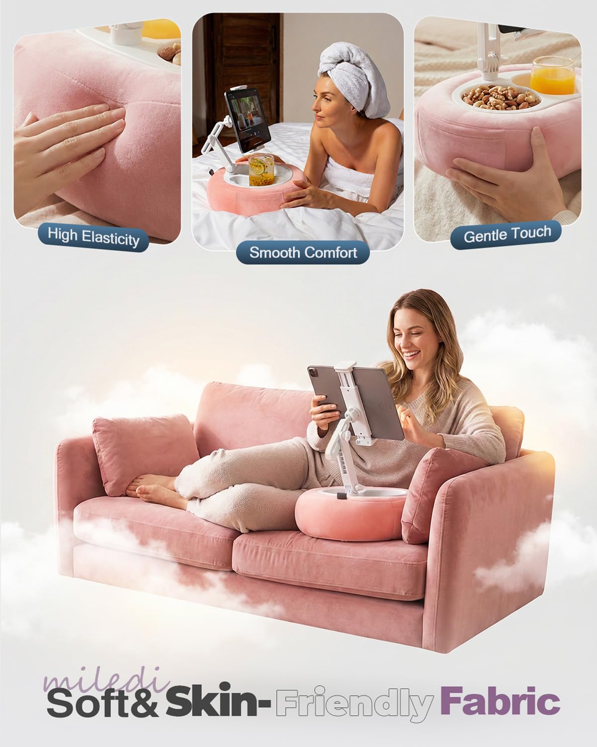 Almohada de soporte para tableta, compatible con teléfono/tableta de 5 a 12.9 pulgadas, iPad, iPhone, Kindle, soporte ajustable para tableta para cama, con cuenco desmontable de grado alimenticio y