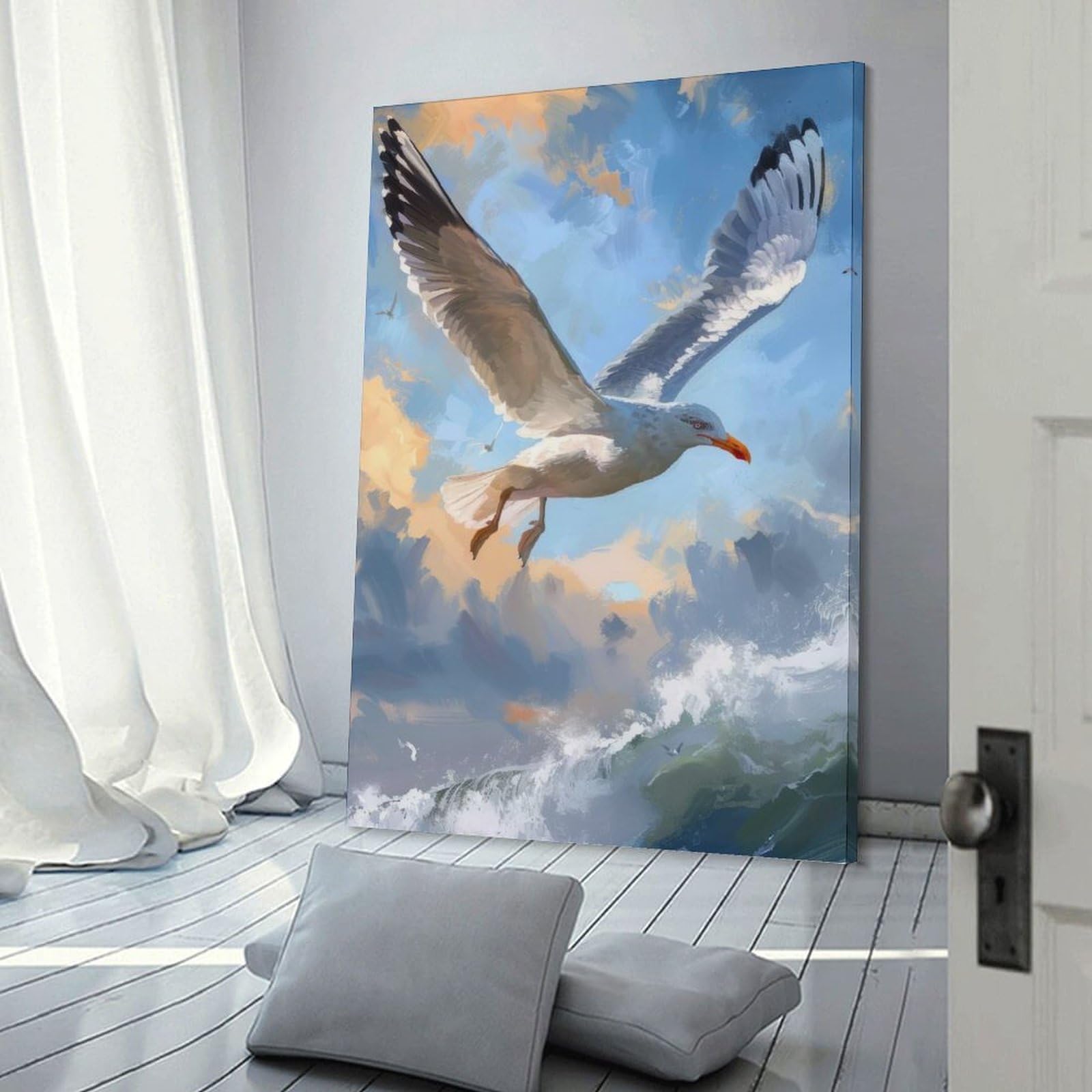 Junmoney Frame-Style-19 Seagull Soaring Over Ocean Waves Canvas Wall Art 20X30inch(50X75cm), For Workspace Walls, Study Corners Or Bedrooms, Wall Art That Adds Style To Work Areas
