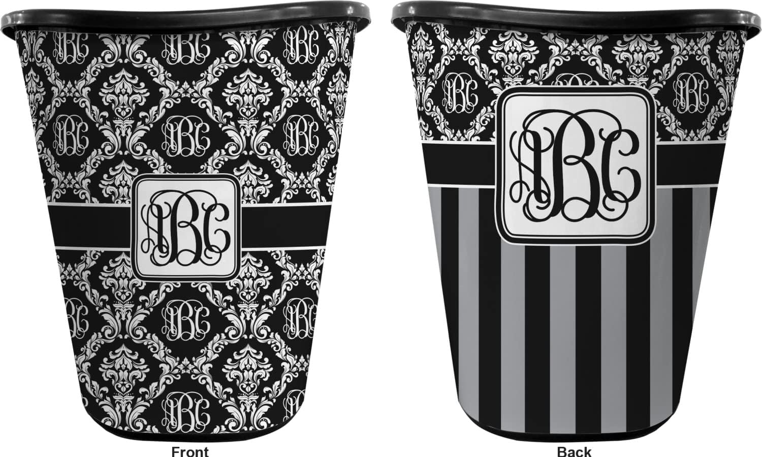 Personalized Monogrammed Damask Waste Basket - Double Sided (Black)