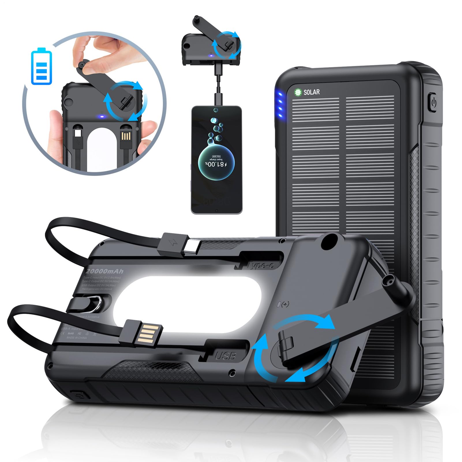 Caricatore Solare Power Bank Power Bank Impermeabile 20000mAh | Power Bank Solare Con Manovella Per Telefono Per Smartphone, Fotocamera, Tablet, Campeggio, Escursionismo E Zaino In Spalla