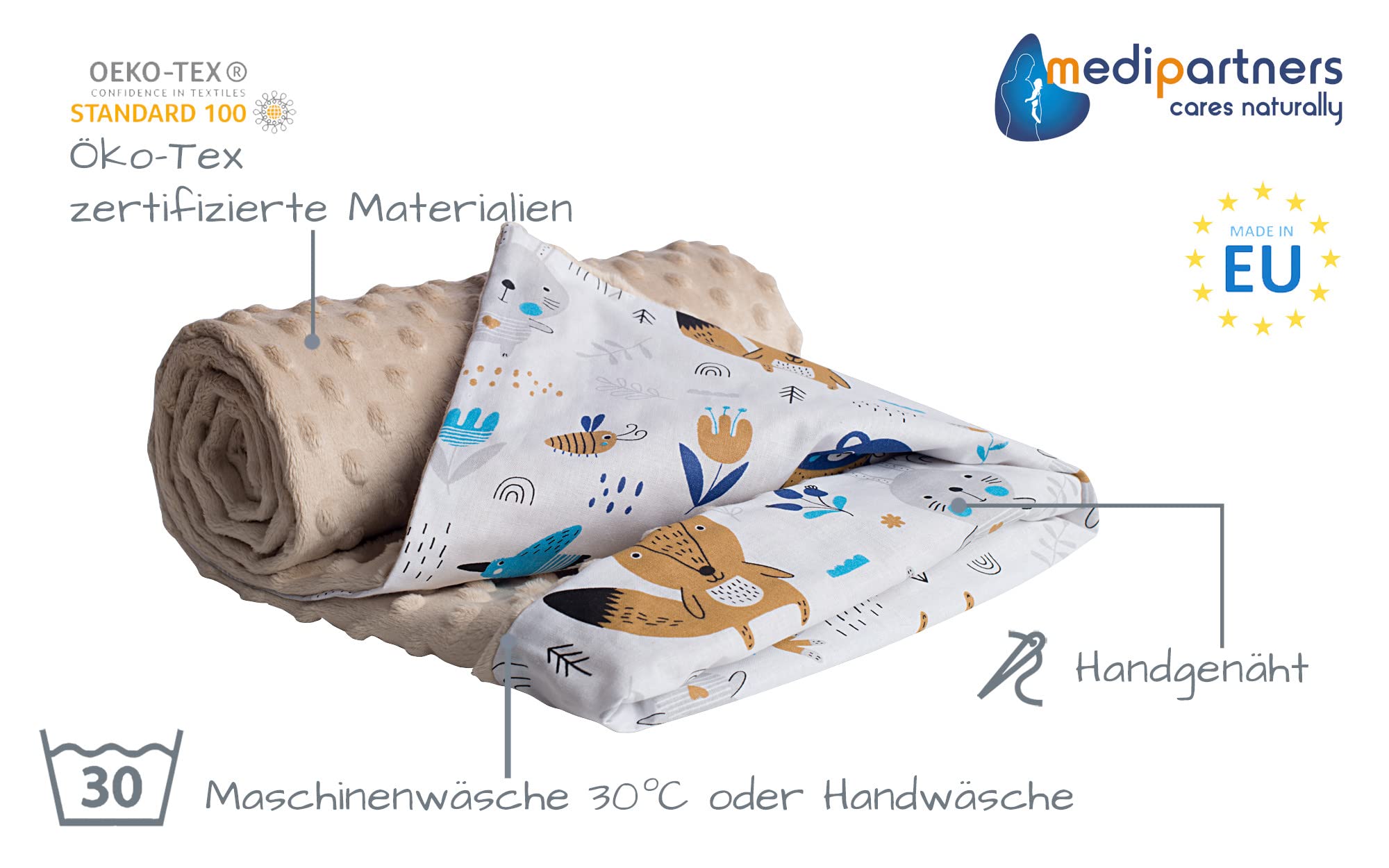 Medi Partners Einschlagdecke 100% Baumwolle 85x85cm Kuscheldecke & Krabbeldecke 100% Baumwolle 75x100cm doppelseitig multifunktional Minky Kuscheldecke
