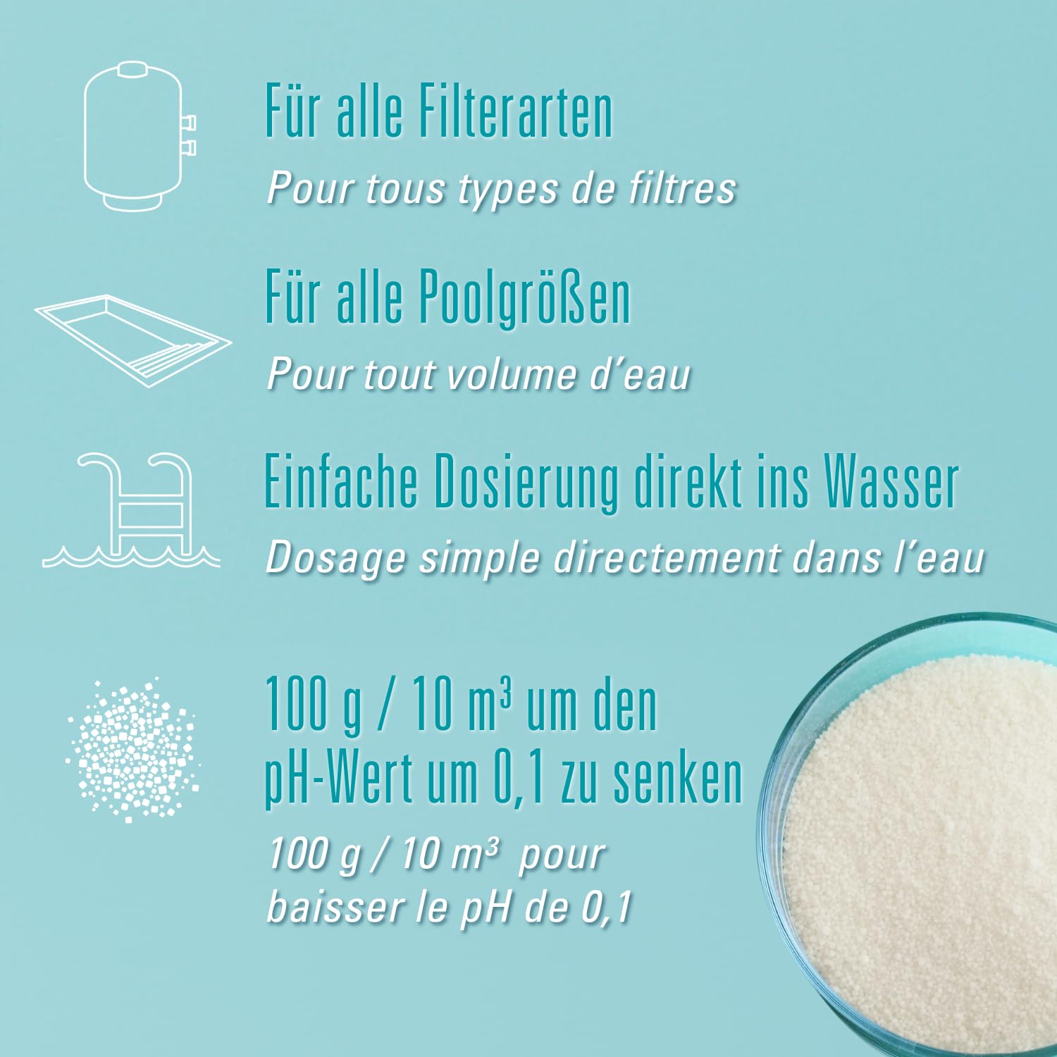 BAYROL e-pH-Minus Granulat 6 kg- senkt schnell & effektiv einen zu hohen pH Wert im Pool & Calcinex 1L - Haertestabilisator, verhindert Kalk- und Metallablagerungen