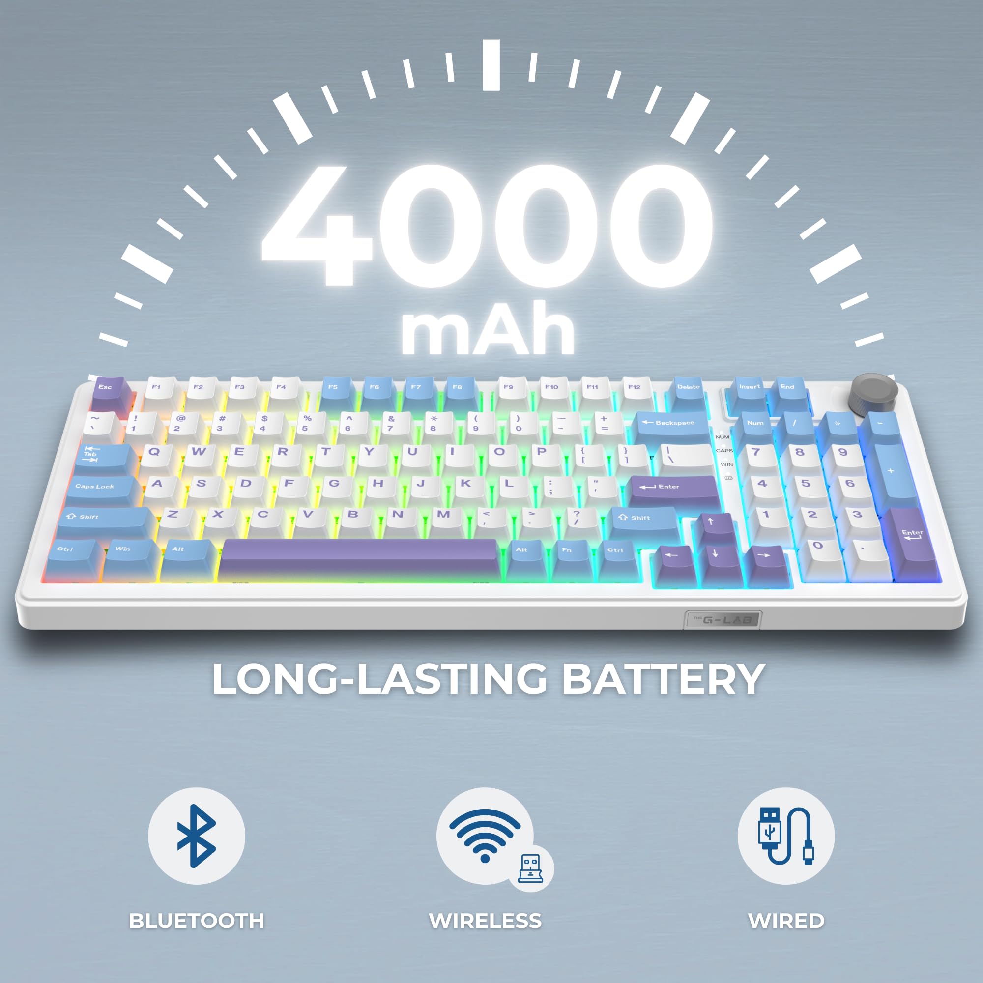 The G-Lab Keyz Elite 400 WB - Clavier Gamer sans Fil Mécanique Hot-Swap RGB | QWERTY US, Sans Fil Tri Mode 2.4GHz/Bluetooth/Filaire, Switch Mécanique Hot Swap Pré-lubrifiés, Gasket 5 Couches