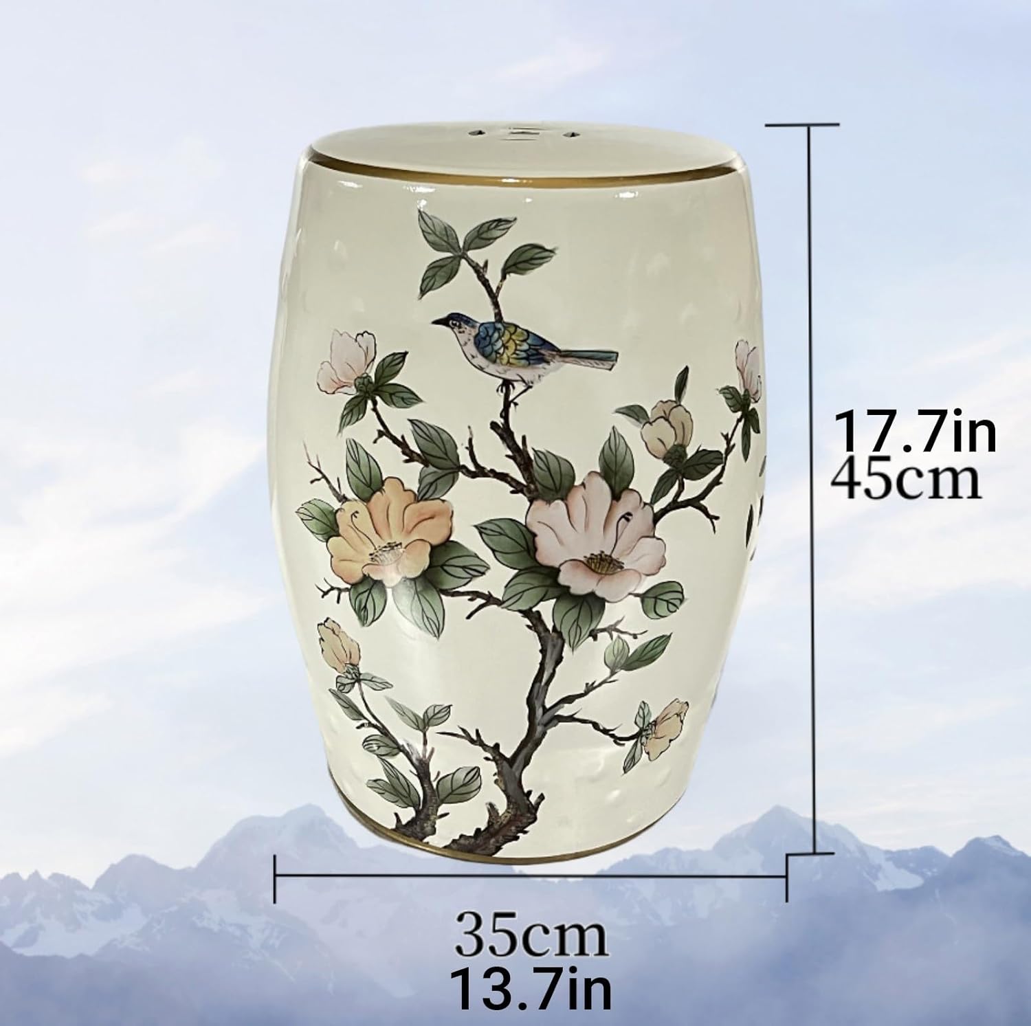Decorative Ceramic Garden Stool, Flower & Butterfly Drum Modern Glazed Hand-Painted Bird and Plant, Indoor/Outdoor Stools for Terrace, Patio, Cottage(S19)