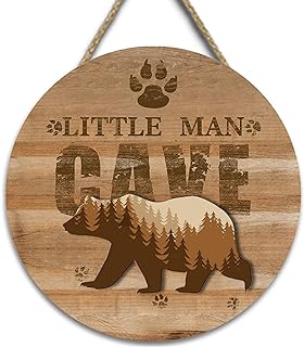 Wooden Little Man Cave Sign for Baby Boy Nursery Decor, Woodland Nursery Room Wall Decorations, Bear Wall Art Decor Rustic Farmhouse Kids Bedroom Hanging Decor (B)