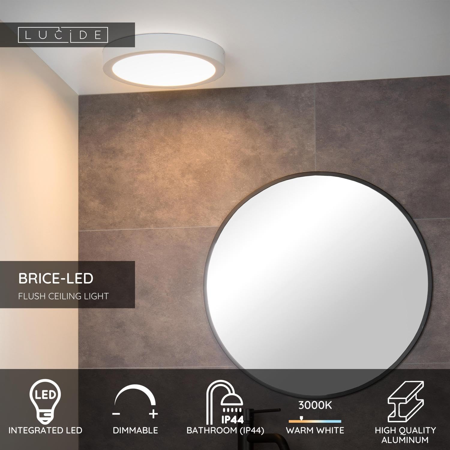 Lucide BRICE-LED - Lámpara de techo Baño - Ø 30 cm - LED Regul. - 1x30W 3000K - IP44 - Blanco