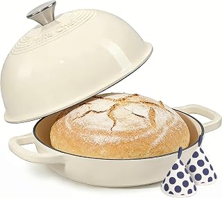 UmiteChef 6 Qt Enameled Cast Iron Dutch Oven Bread Cloche for Sourdough Baking - Cream White with Potholders