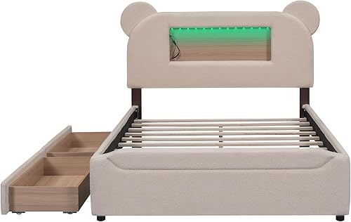 Miniatura 4 de Cama de plataforma de almacenamiento tapizada de tamaño matrimonial con cabecera en forma de orejas de dibujos animados, LED y USB, marco de cama de