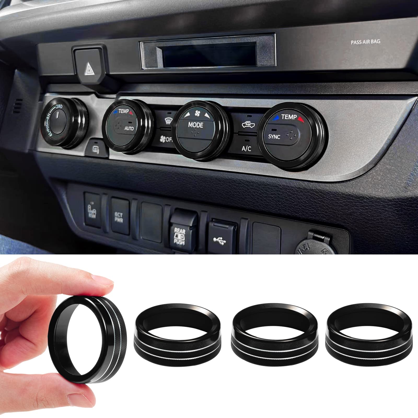 JKCOVER Interior Decorated Button Knob Covers Compatible with Toyota Tacoma 2016-2019 2020 2021 2022 2023, 4WD Temp Air Conditioner(Black,4pcs)