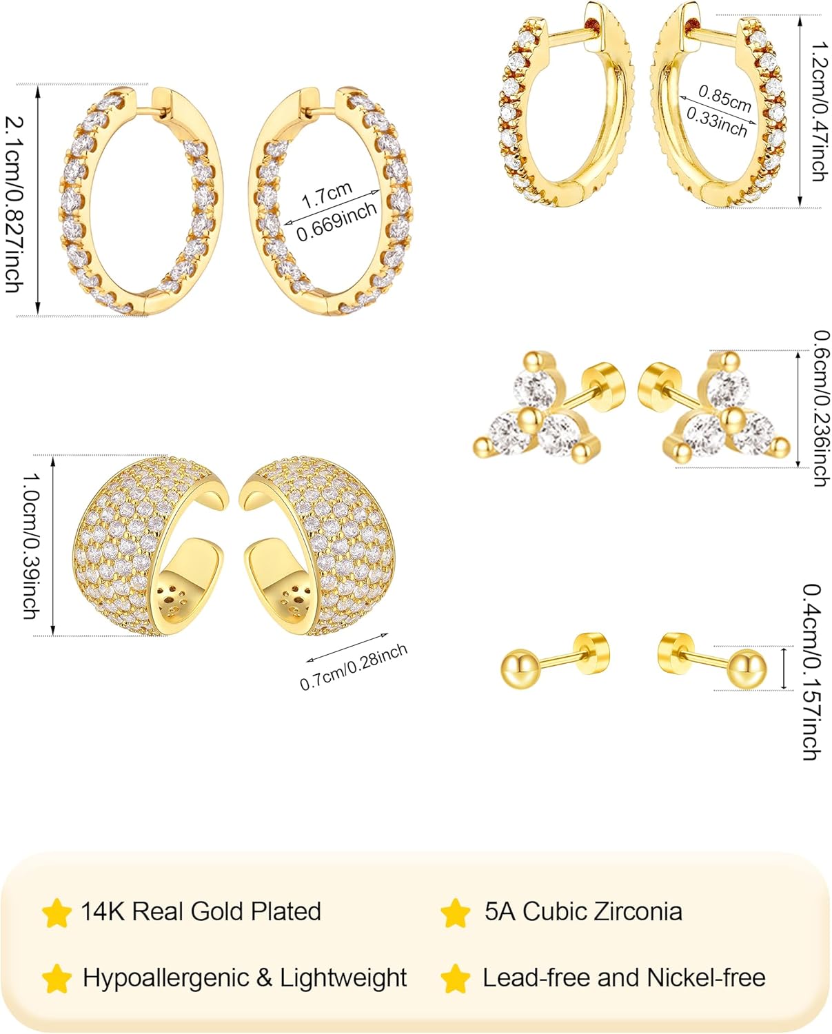 Dainty Big Small Hoop Earrings for Women Huggie Hypoallergenic Silver Gold Flat Back Stud Earrings Set 14K Gold Plated Luxury Cubic Zirconia Ear Cuff Cartilage Earrings for Multiple Piercing Jewelry Gifts for Women 5 Pairs - Image 5